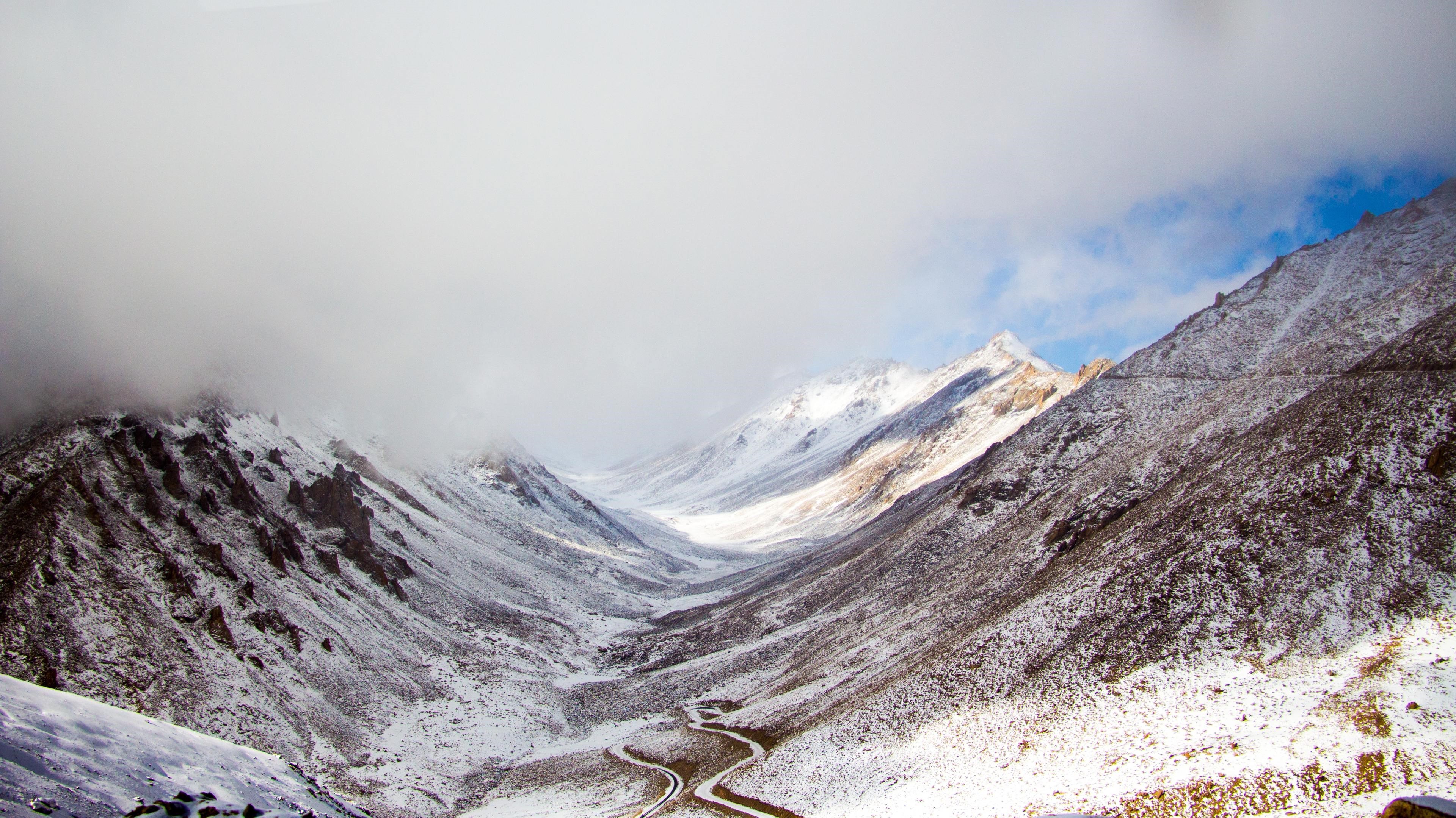 Snowy Mountains Valley with Winding Road 4K HD Wallpaper