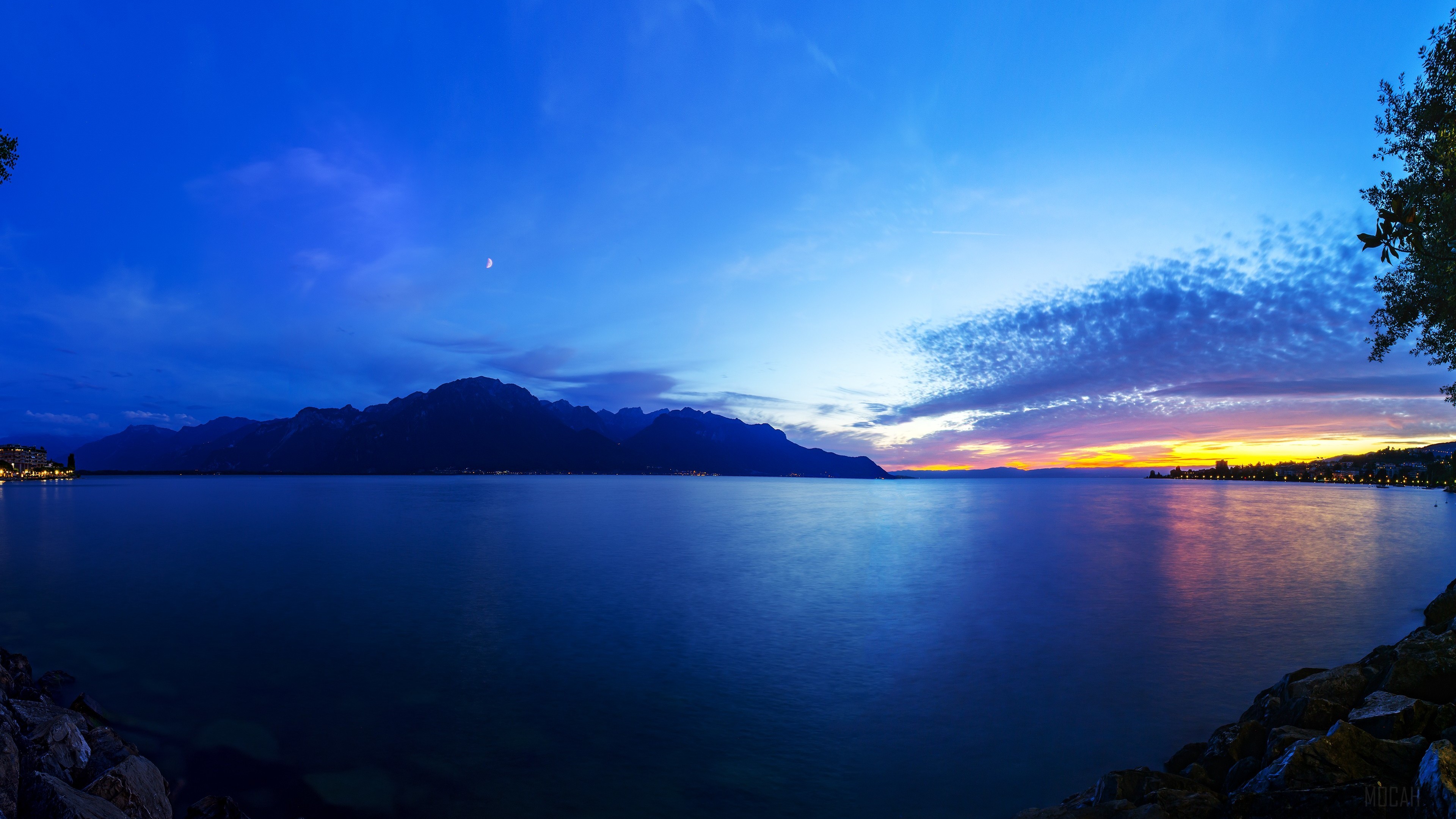 Lake Geneva at twilight with mountains and moon HD Wallpaper