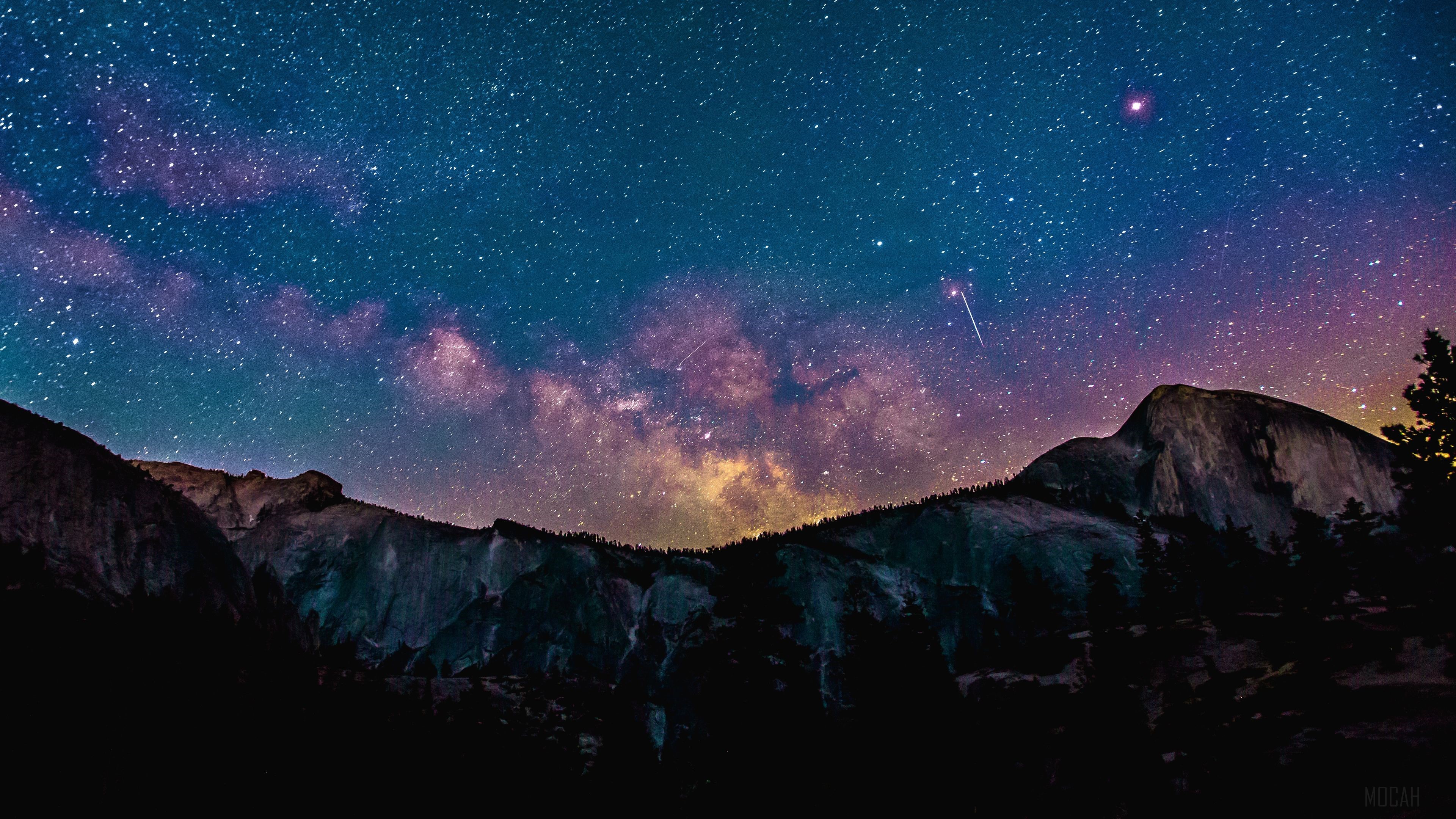 Milky Way Galaxy and Shooting Star over Mountains 4K HD Wallpaper