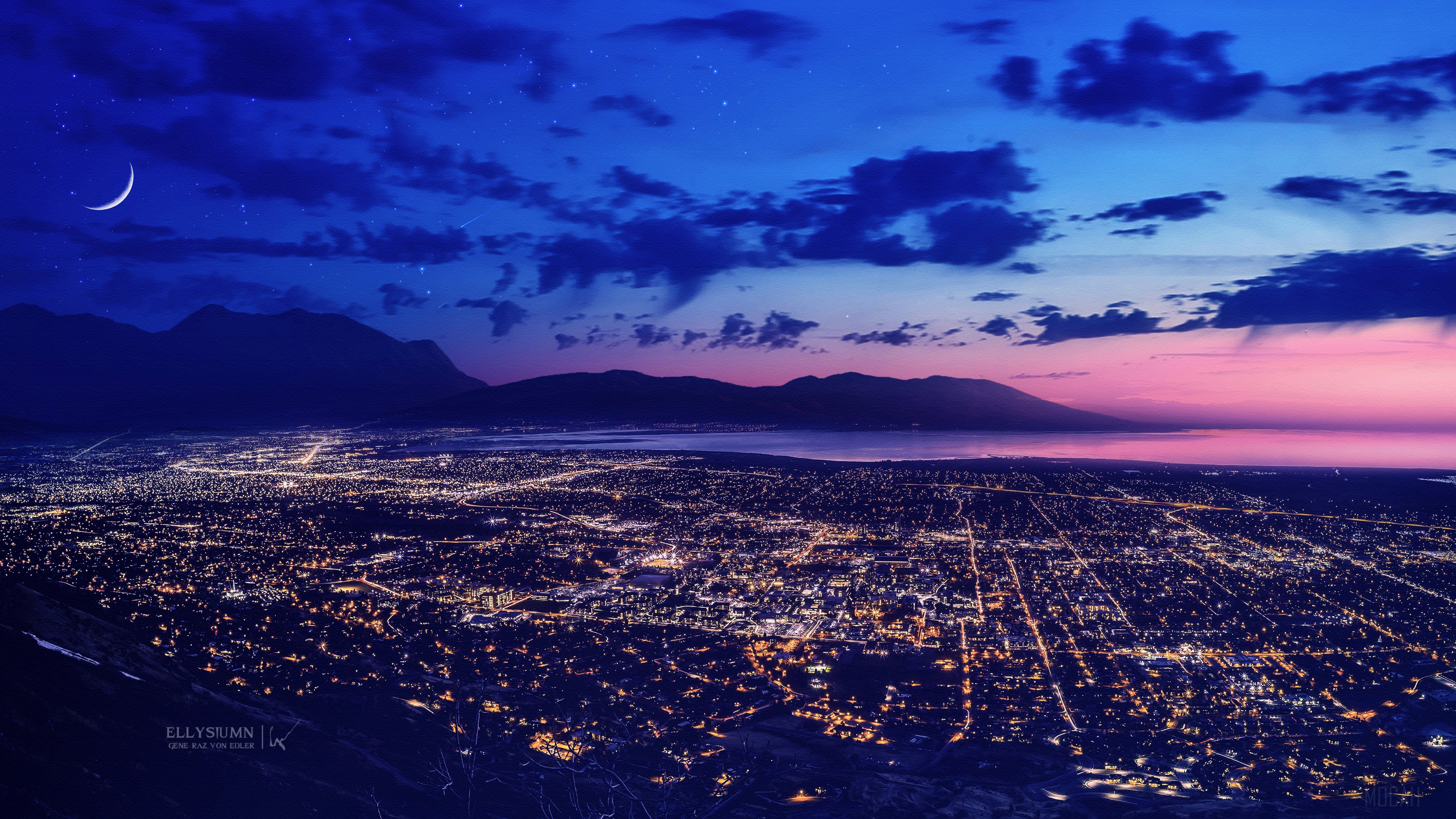 Cityscape at Night with Mountains and Crescent Moon 4K HD Wallpaper