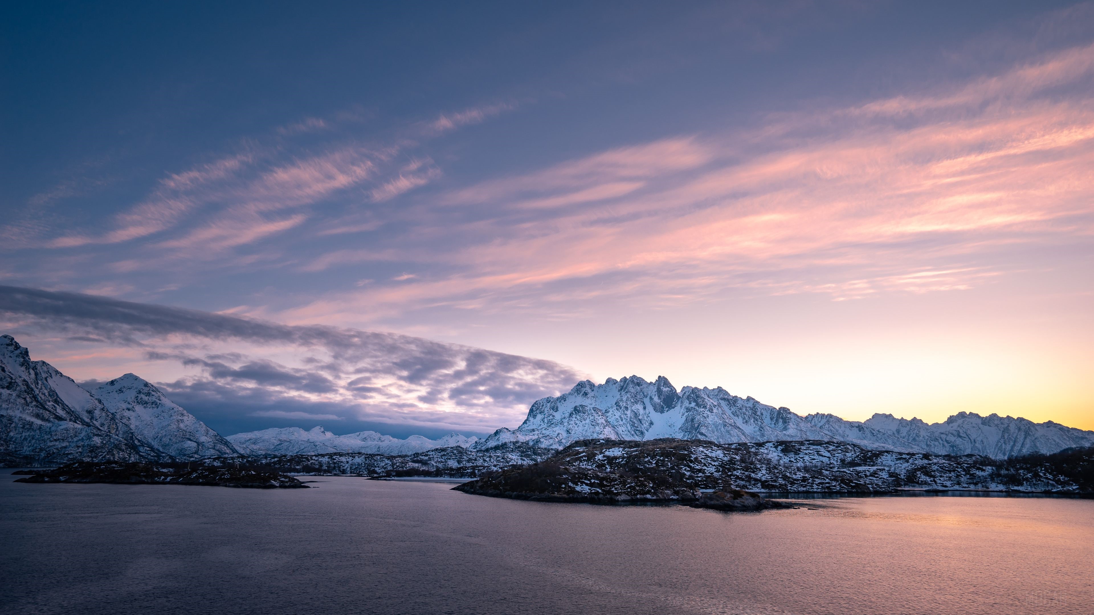 Snowy Mountains Over Water at Sunset 4K HD Wallpaper