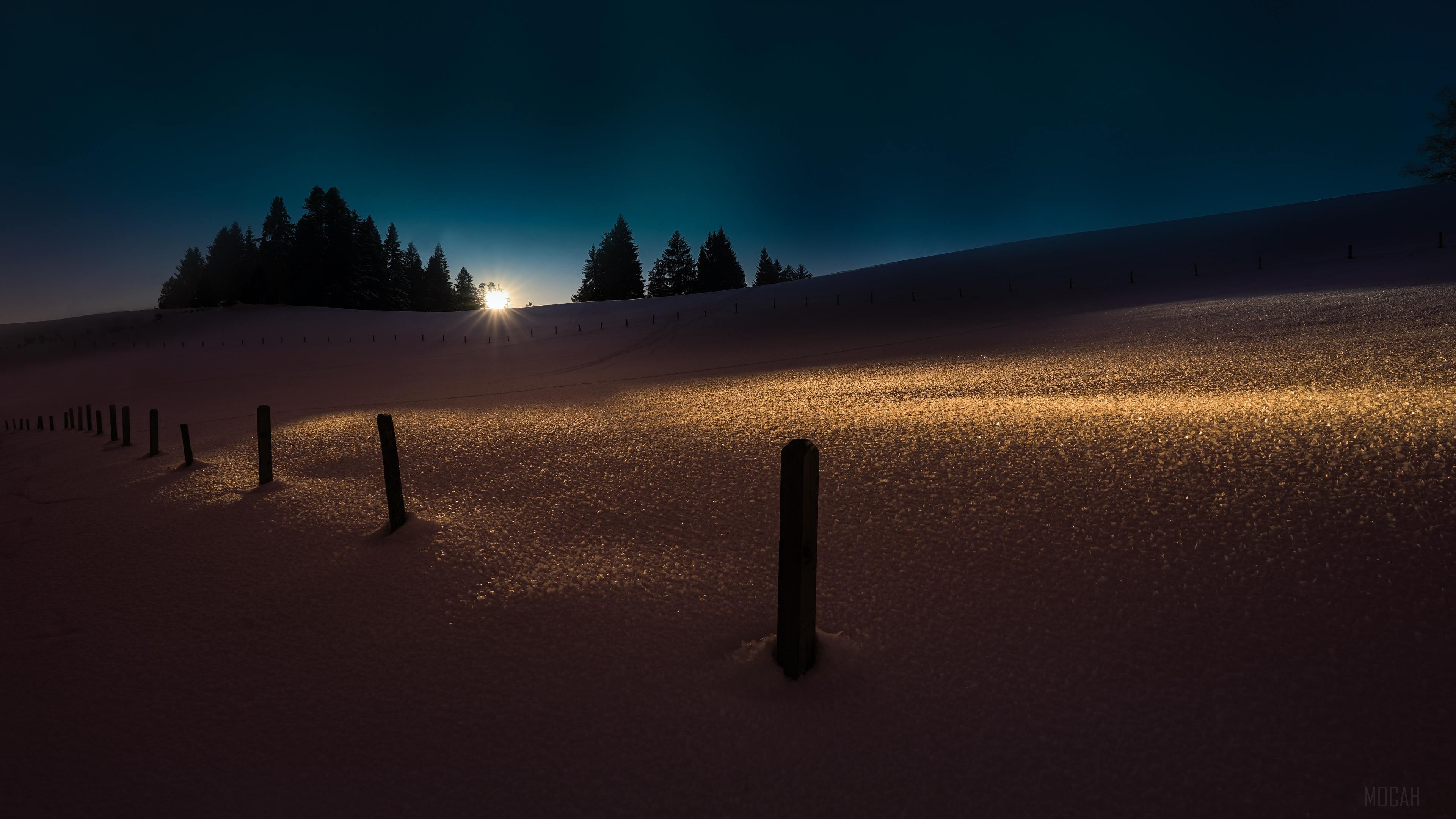 Winter landscape with backlit sun and fence HD Wallpaper