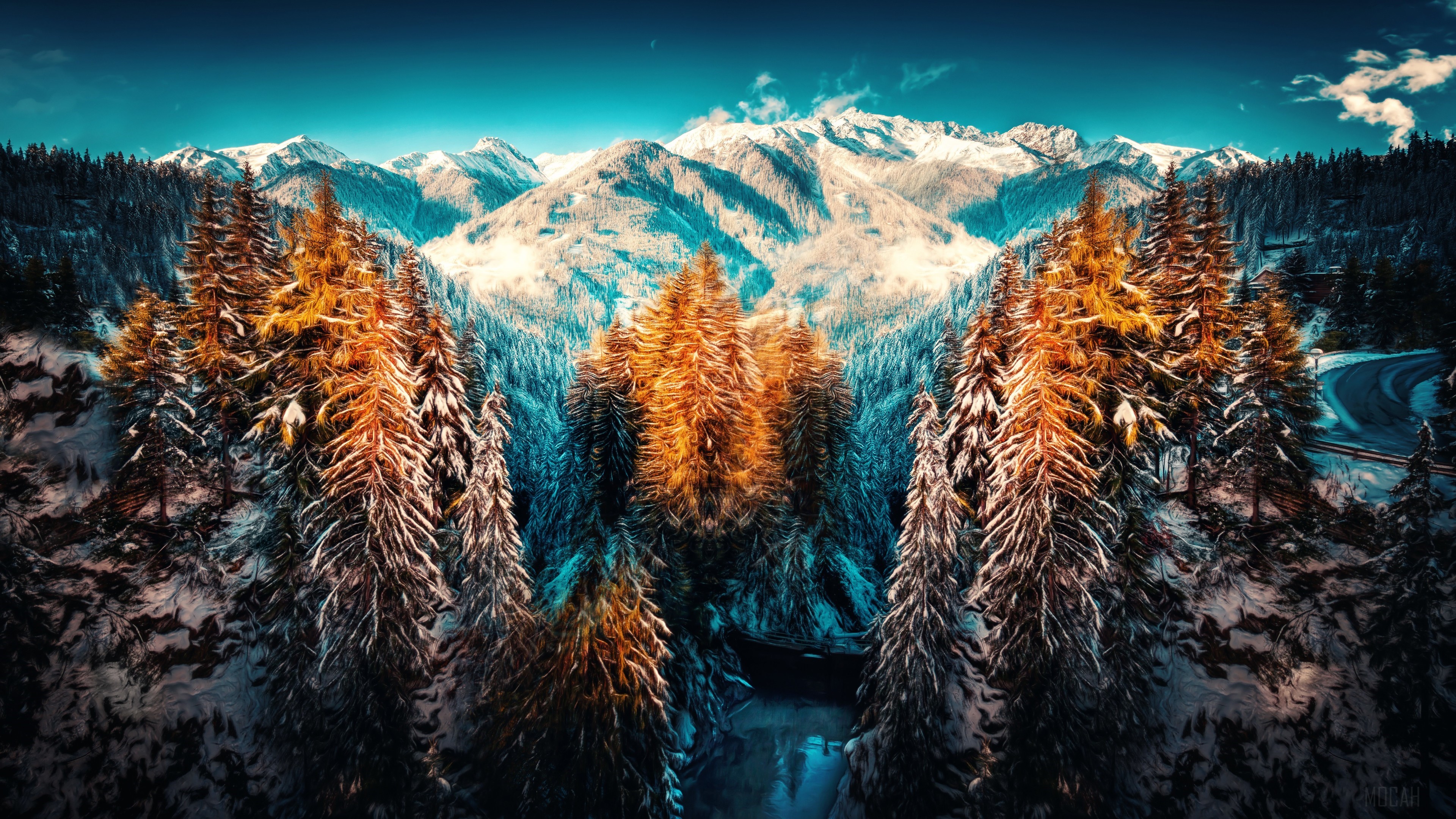 Snowy Mountain Landscape with Pine Trees 4K HD Wallpaper