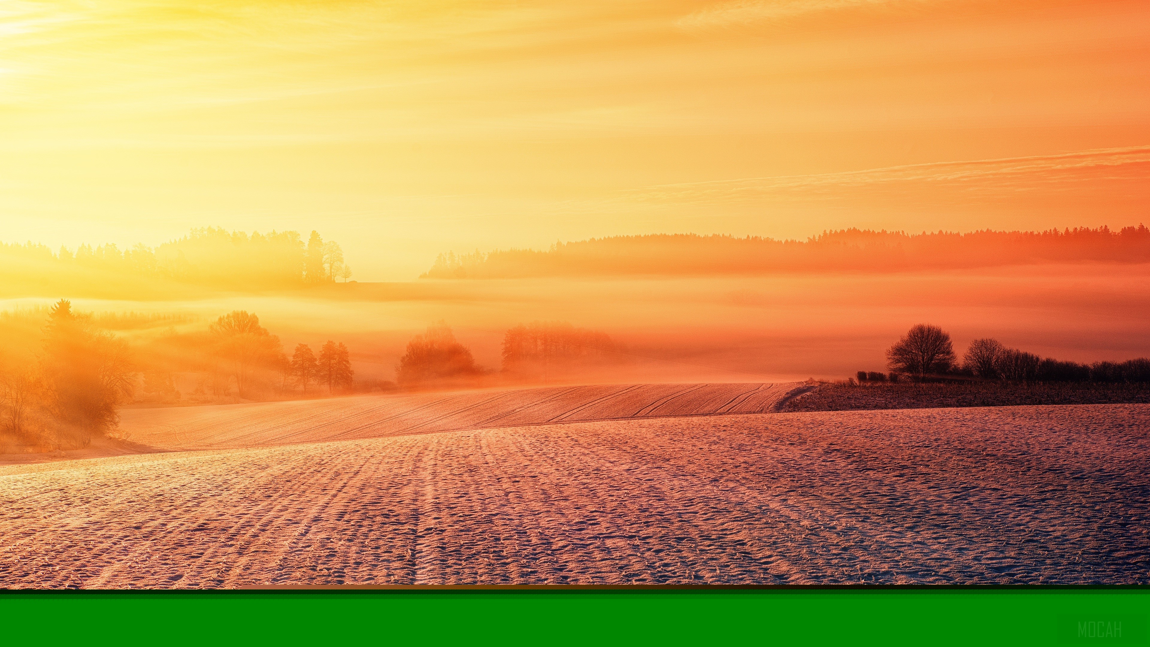 Snow field with fog and sunrise HD Wallpaper