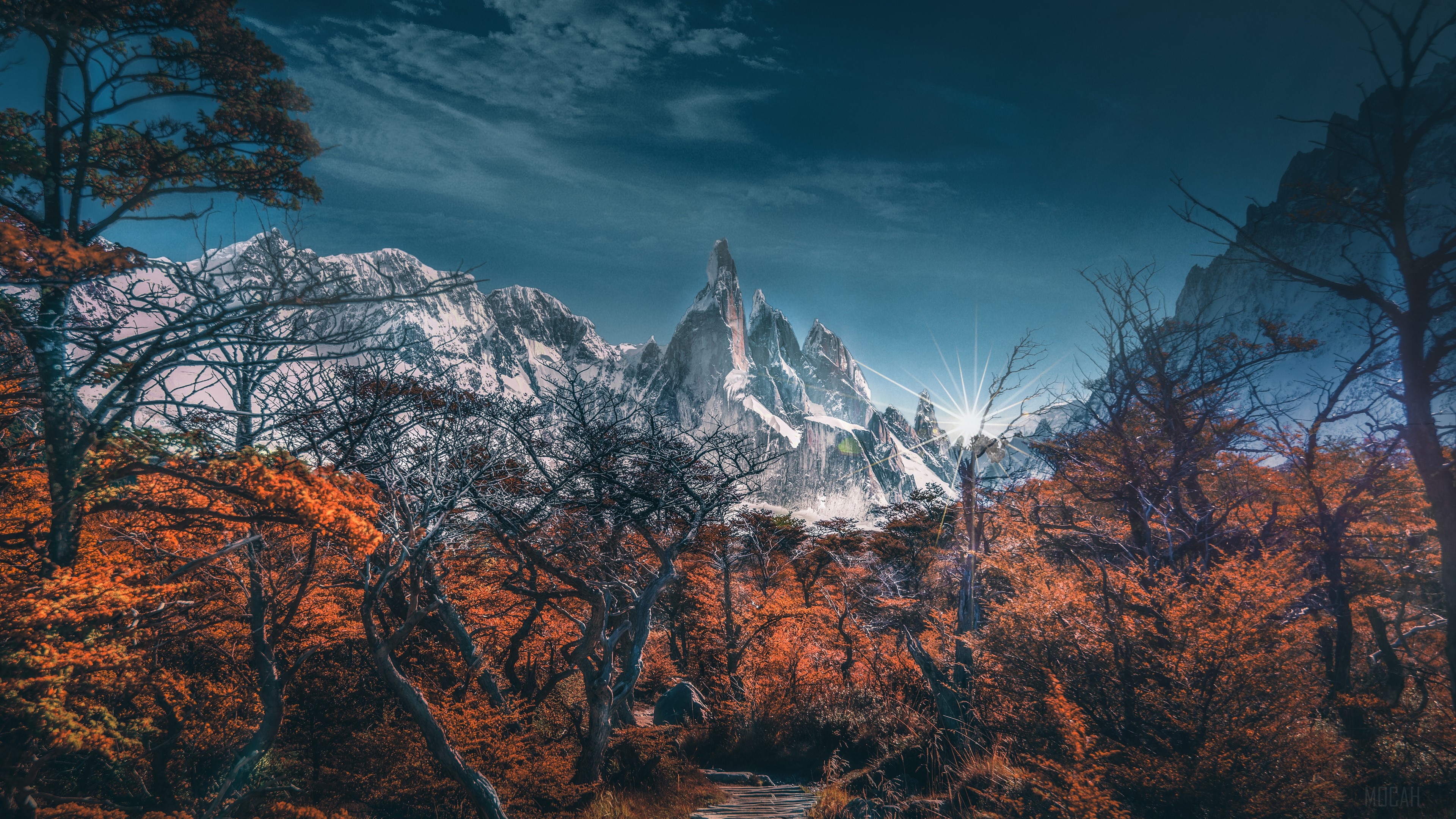 Snowy Mountains and Autumn Trees Landscape 4K HD Wallpaper
