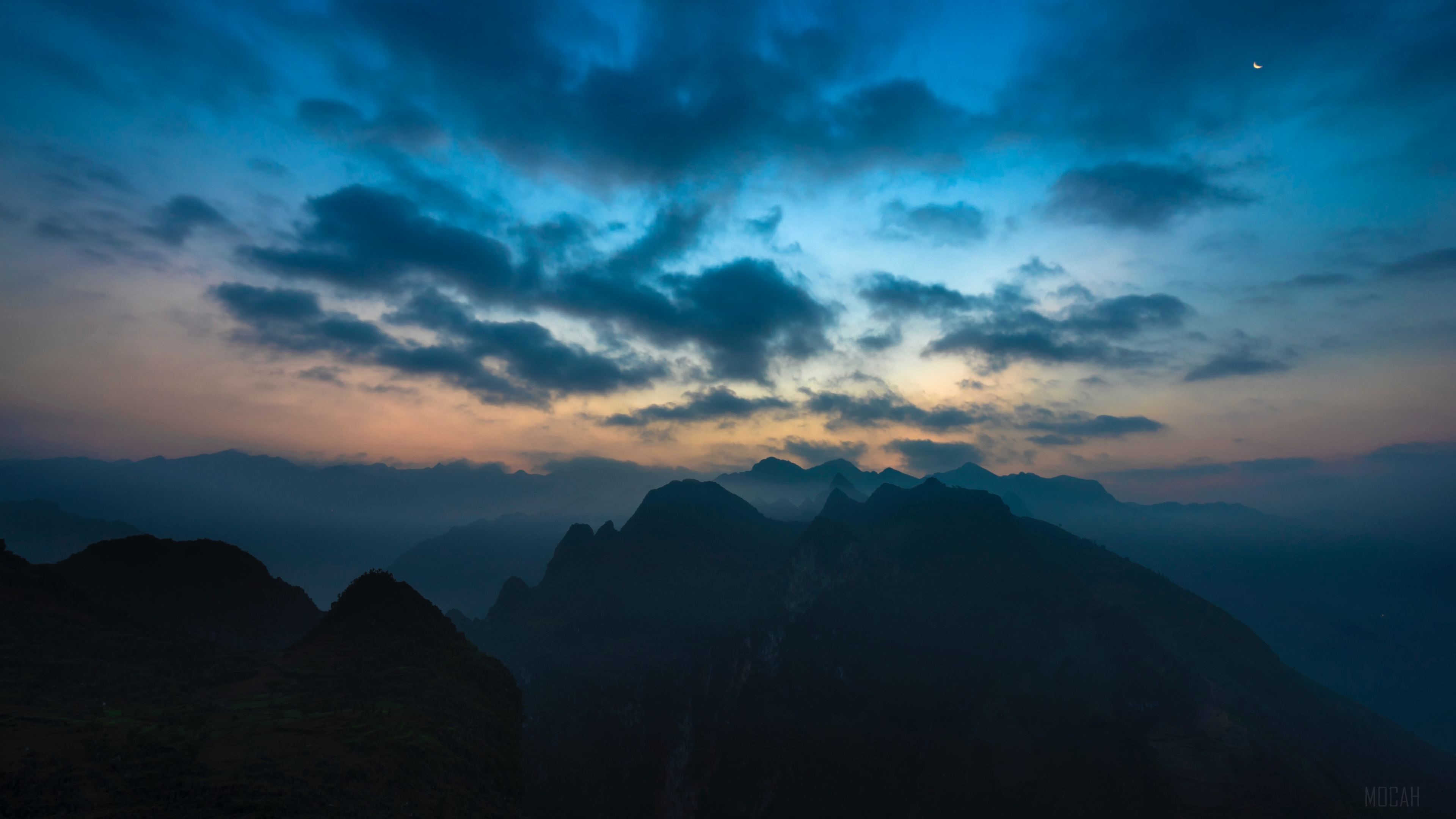 Mountains at Twilight with Crescent Moon 4K HD Wallpaper