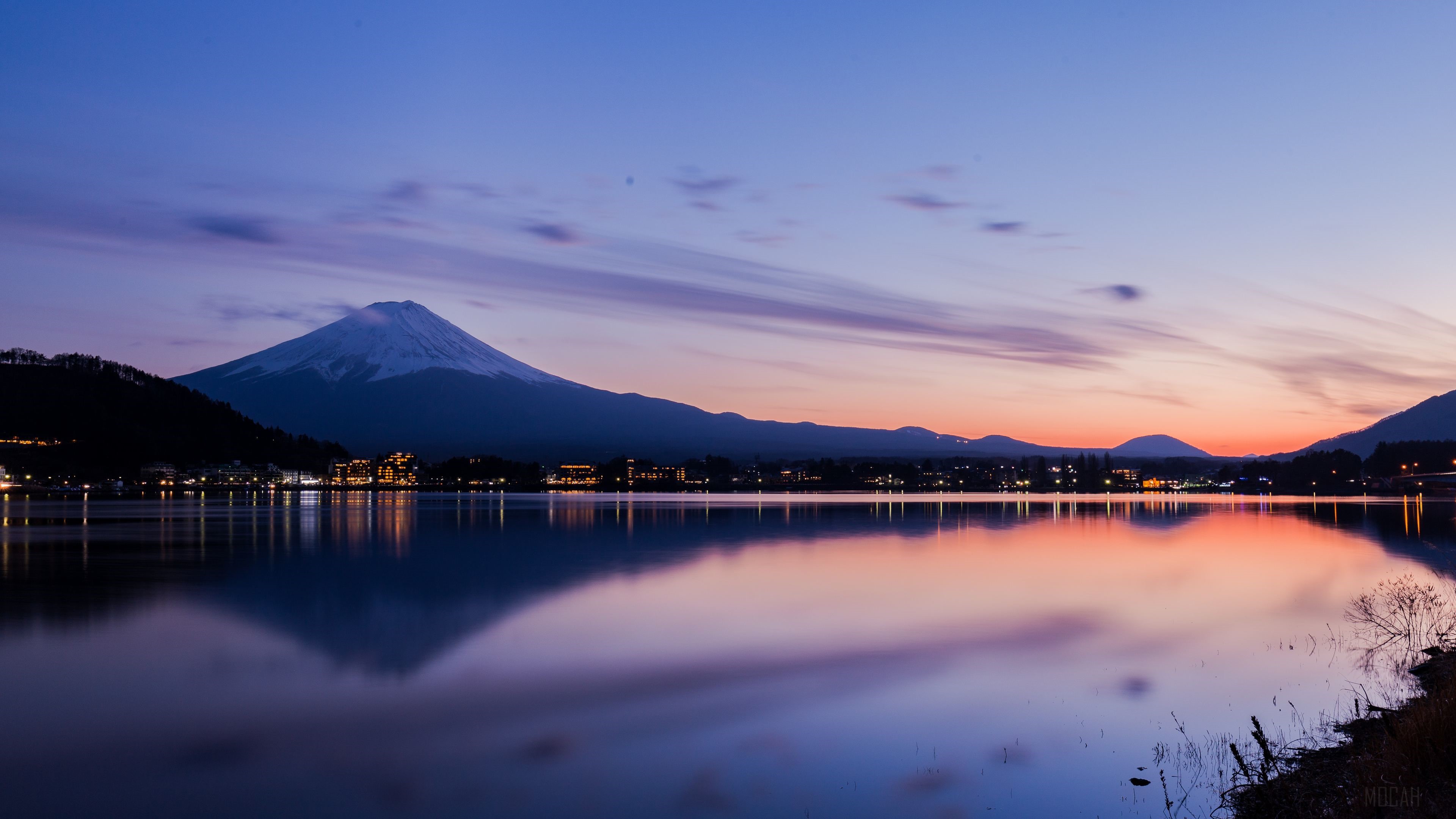 Mount Fuji reflected in Lake Kawaguchi at dusk HD Wallpaper