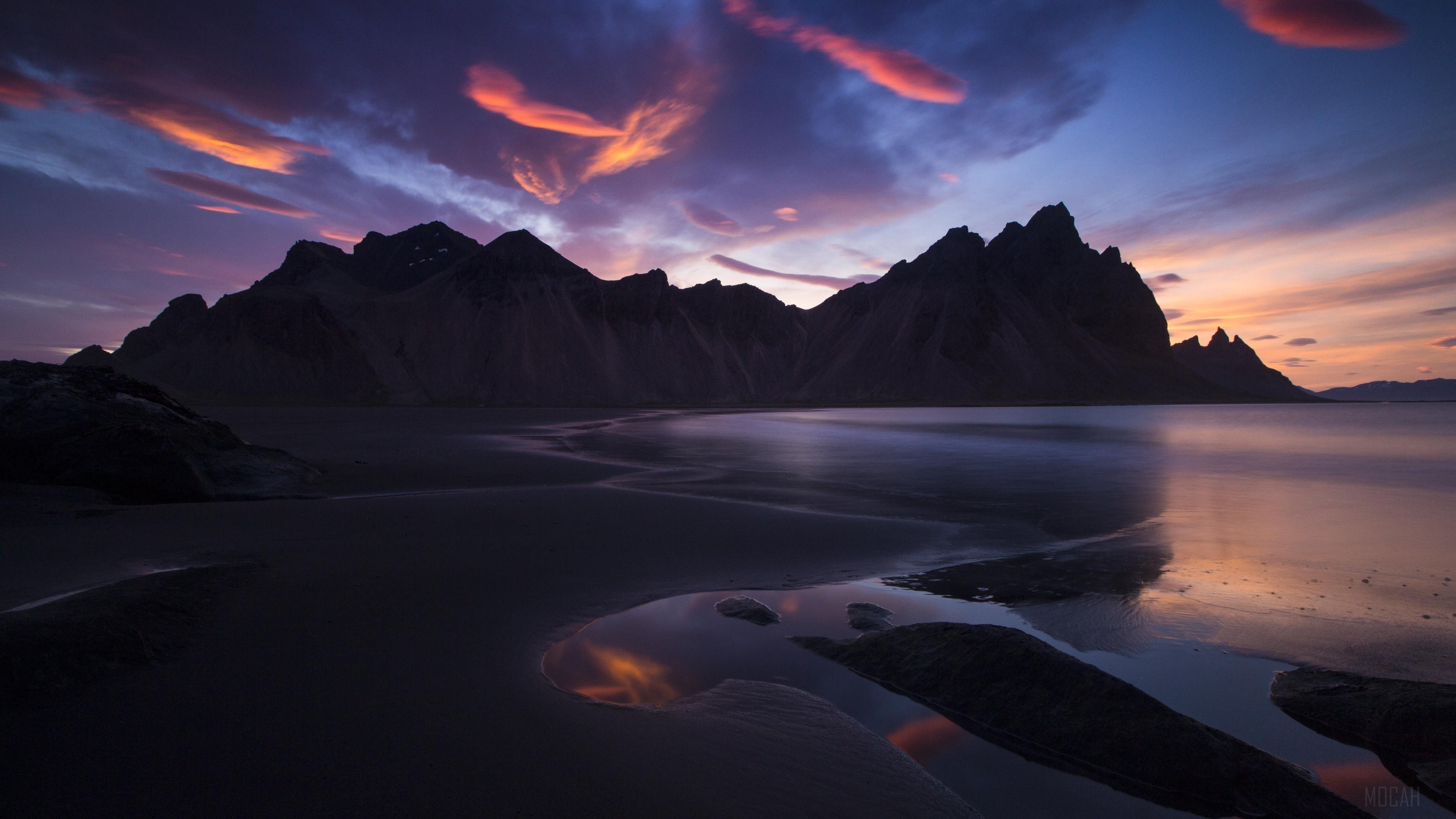 Sunset over Stokksnes mountains and beach, Iceland 4K HD Wallpaper