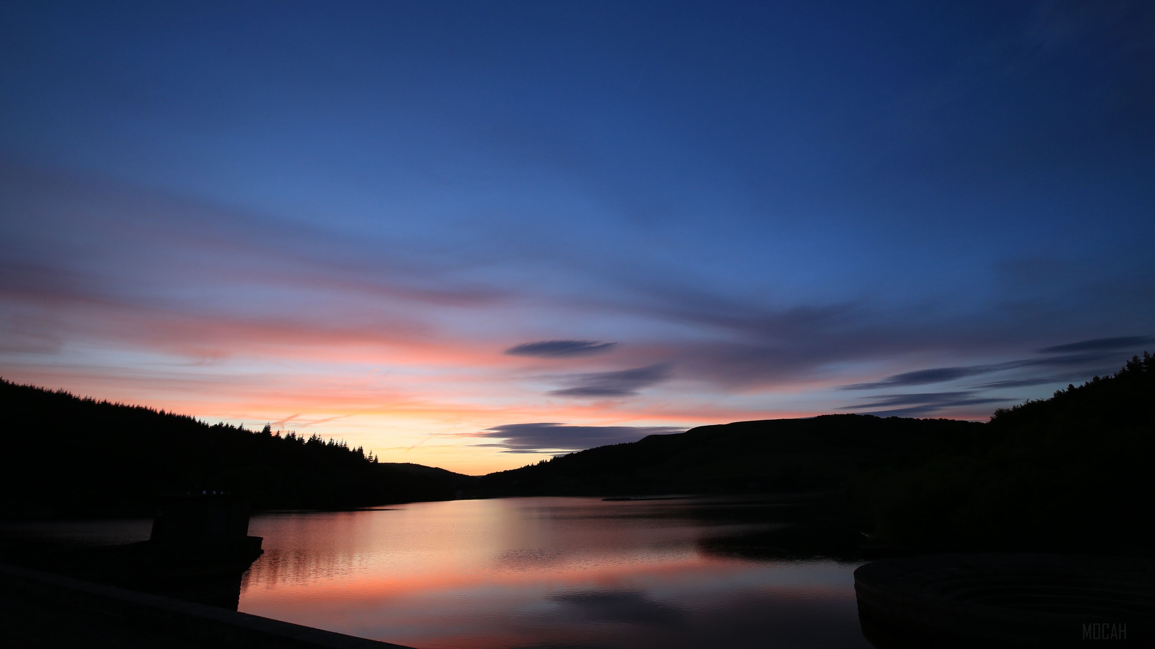 Sunset over a lake with mountains and trees HD Wallpaper
