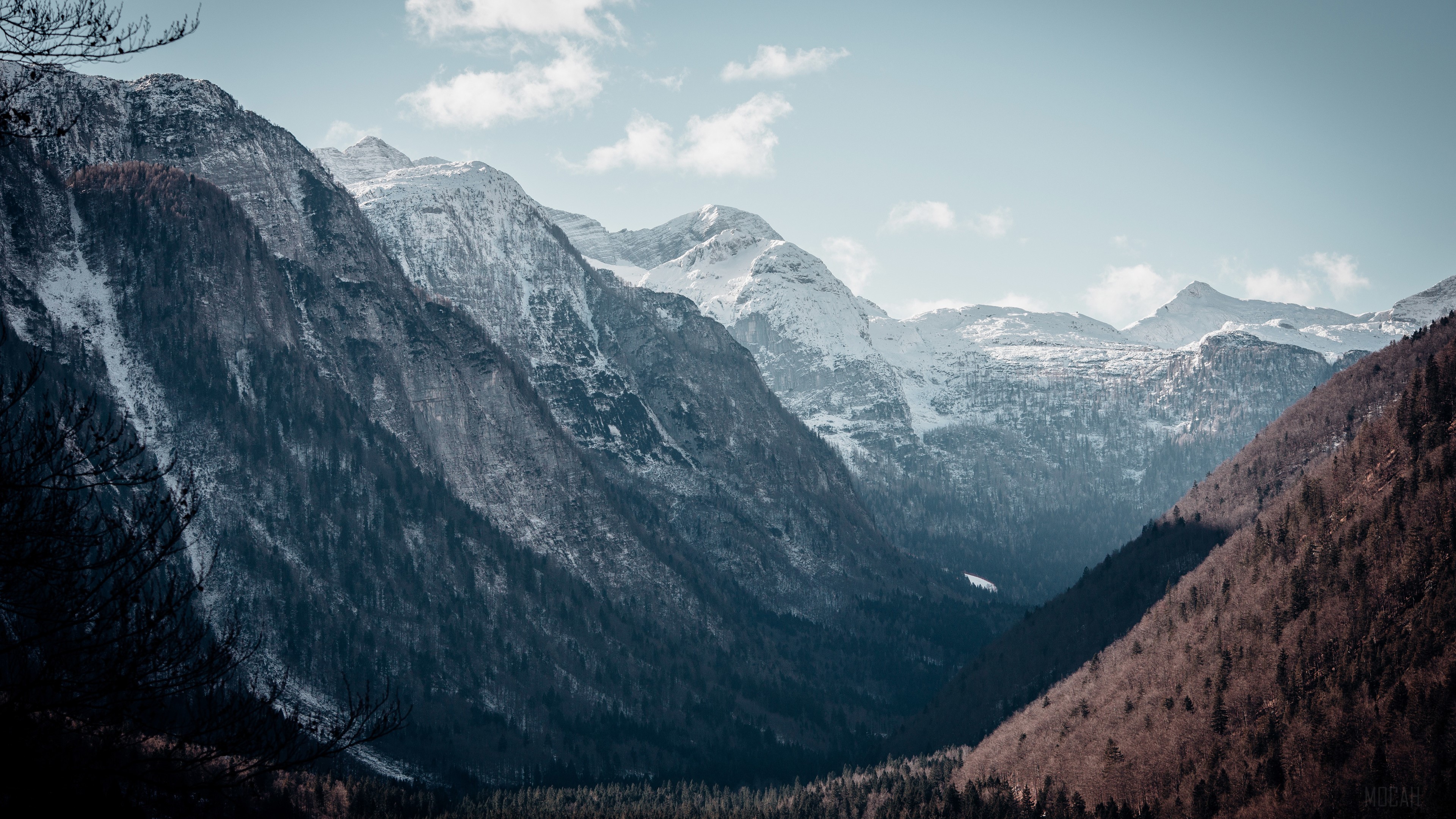 Valley Landscape with Snow-Capped Mountains HD Wallpaper