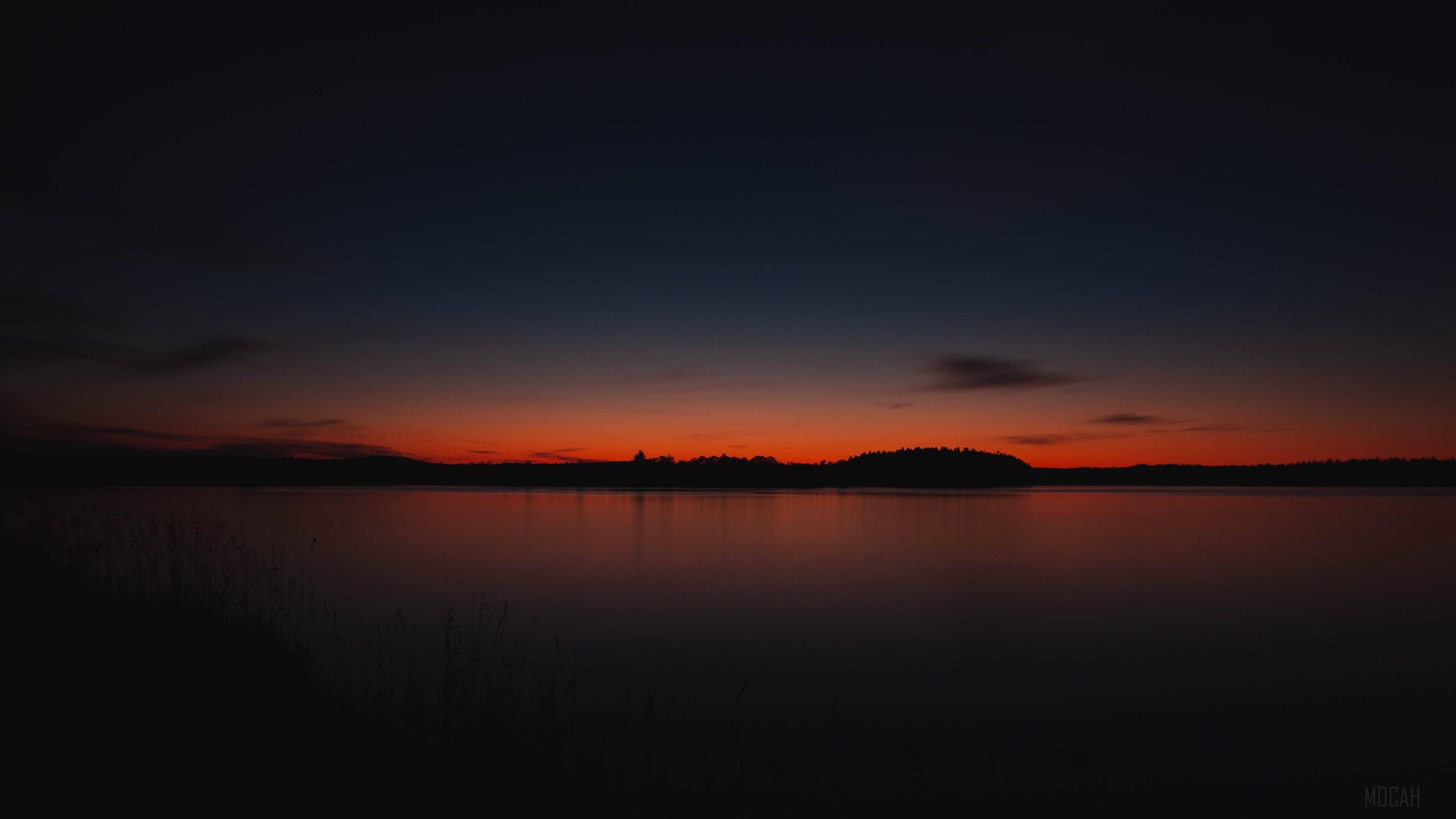 Red Sunset Over Lake with Trees 4K HD Wallpaper