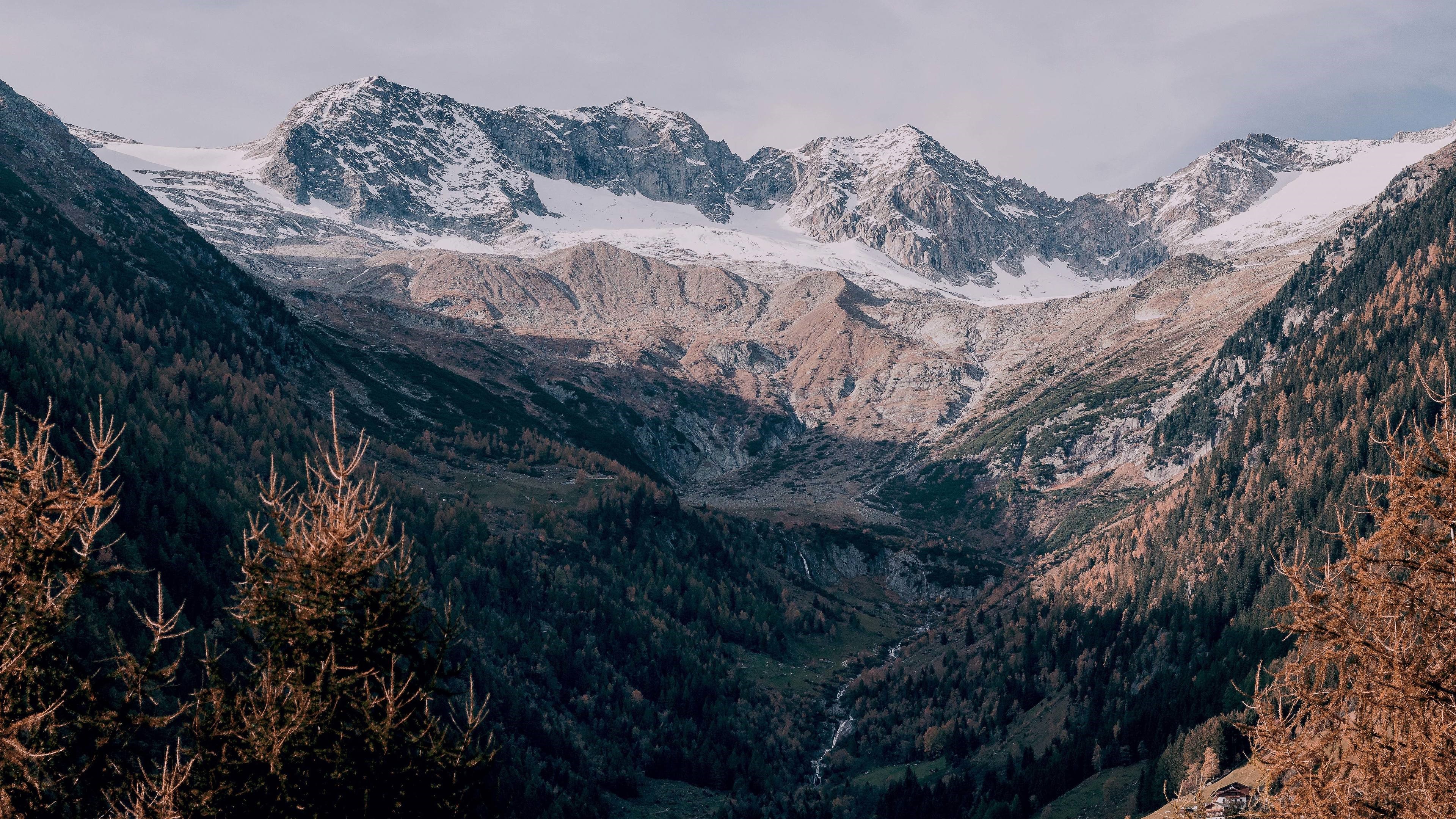 Snow-capped mountains and forested valley HD Wallpaper