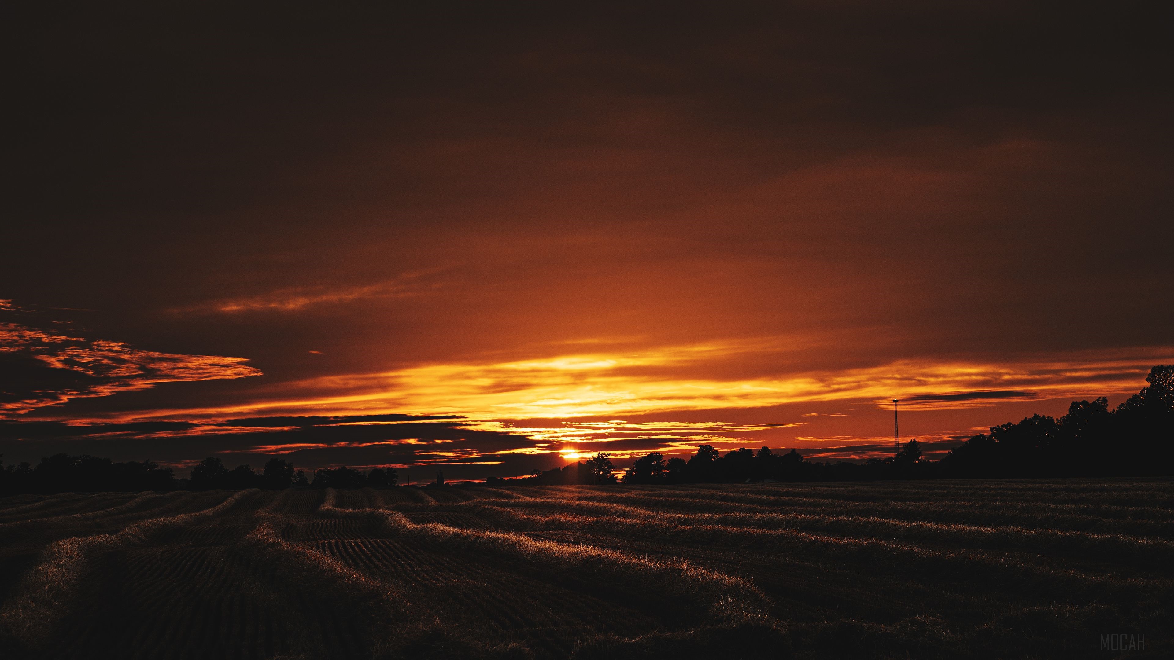 Sunset over a harvested field HD Wallpaper