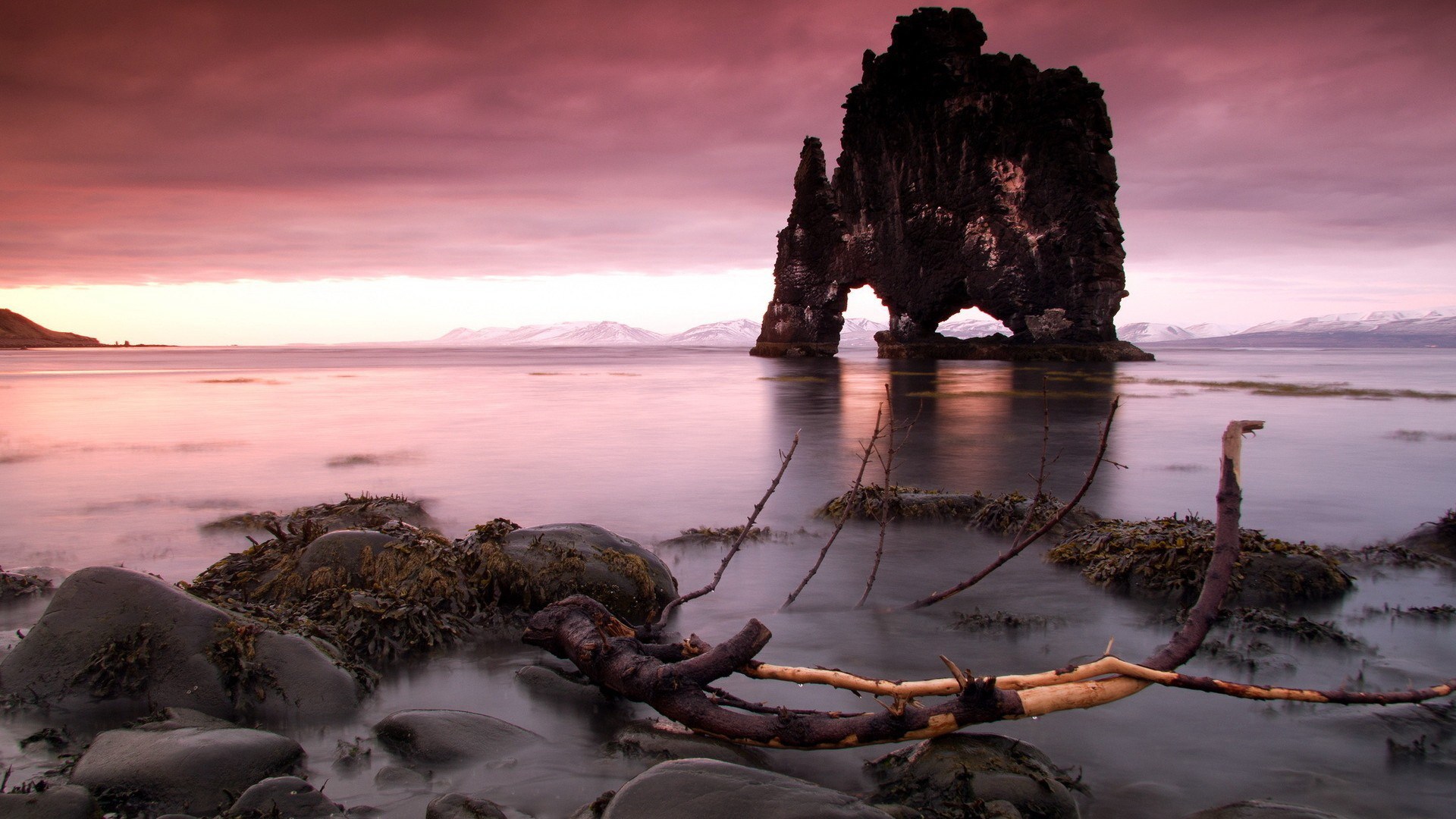 Hvitserkur rock formation in Iceland at sunset HD Wallpaper