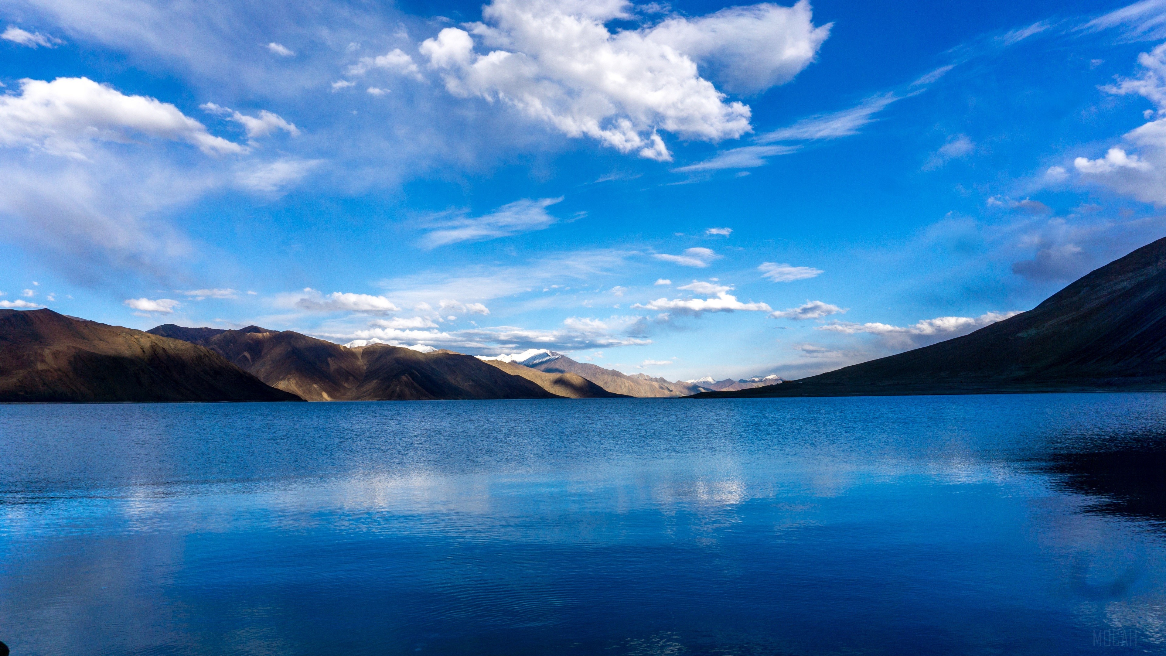 Panoramic lake and mountains under a blue sky with clouds HD Wallpaper