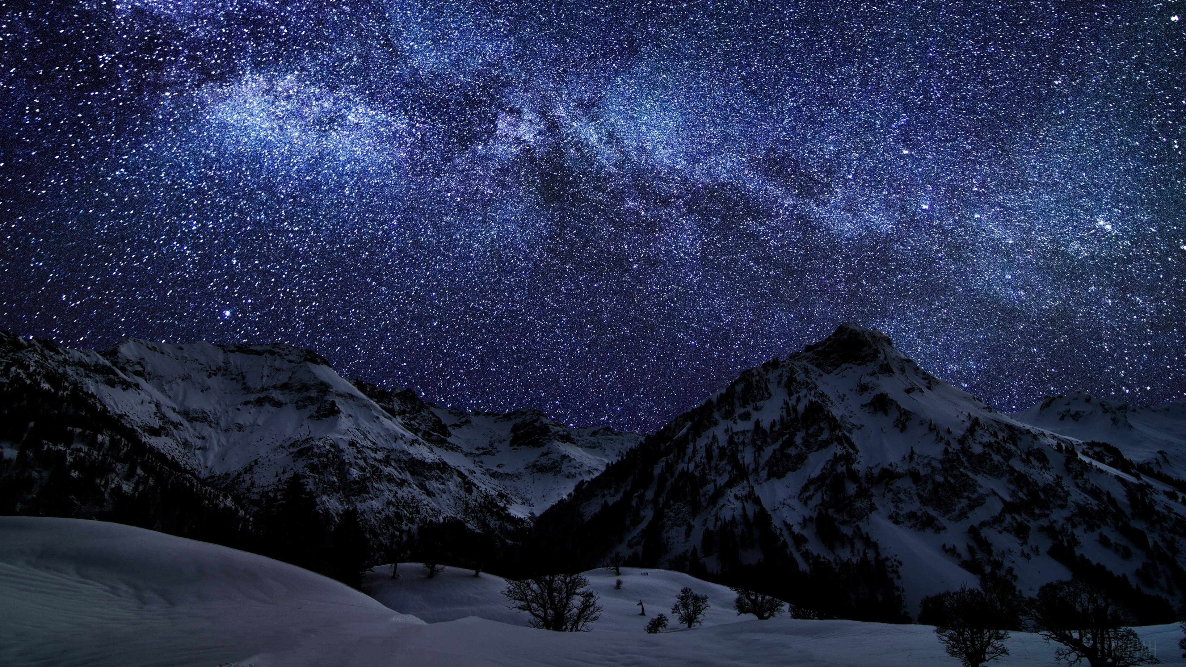 Milky Way Galaxy Over Snowy Mountains HD Wallpaper
