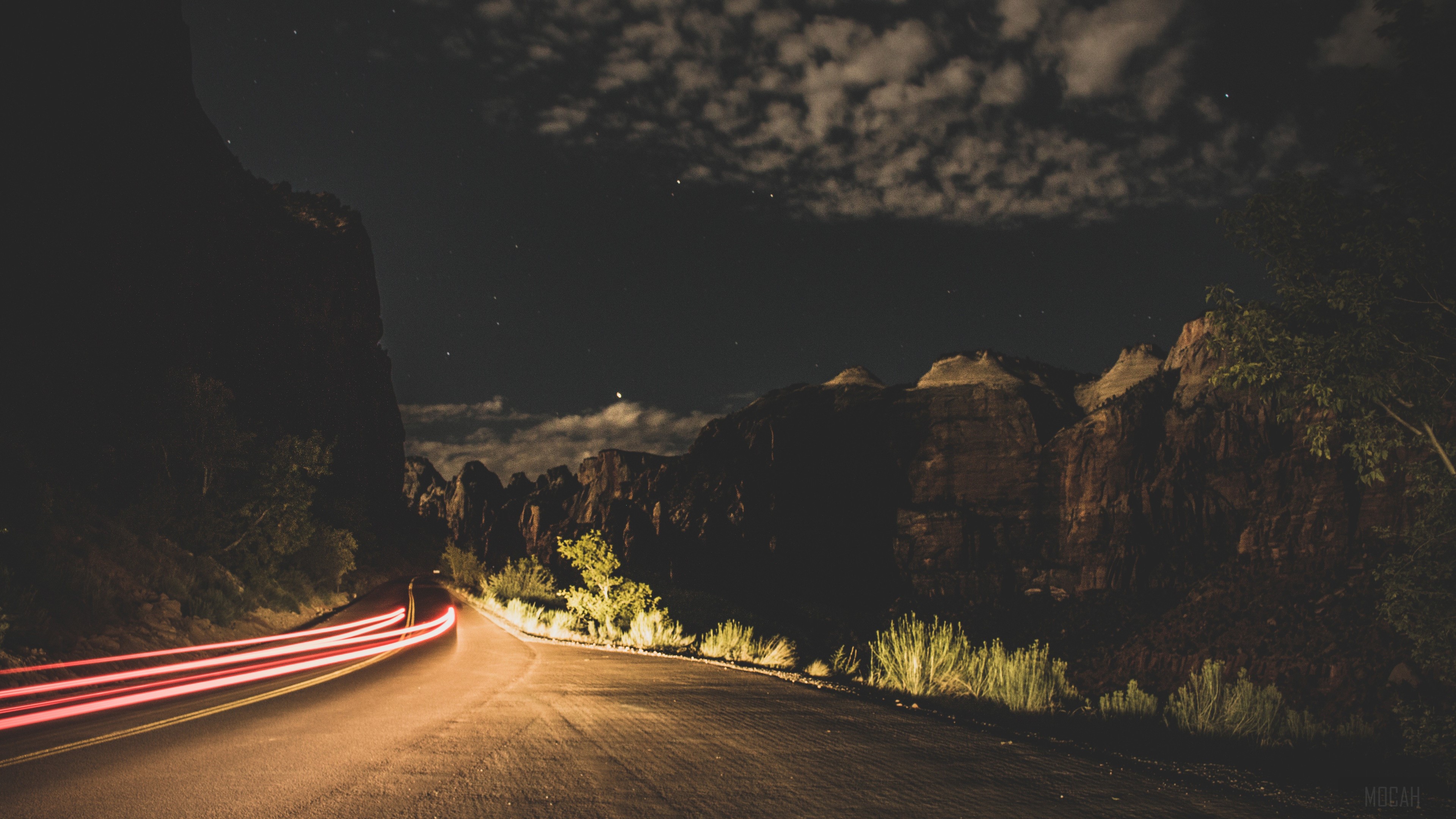Night road with light trails and mountains HD Wallpaper