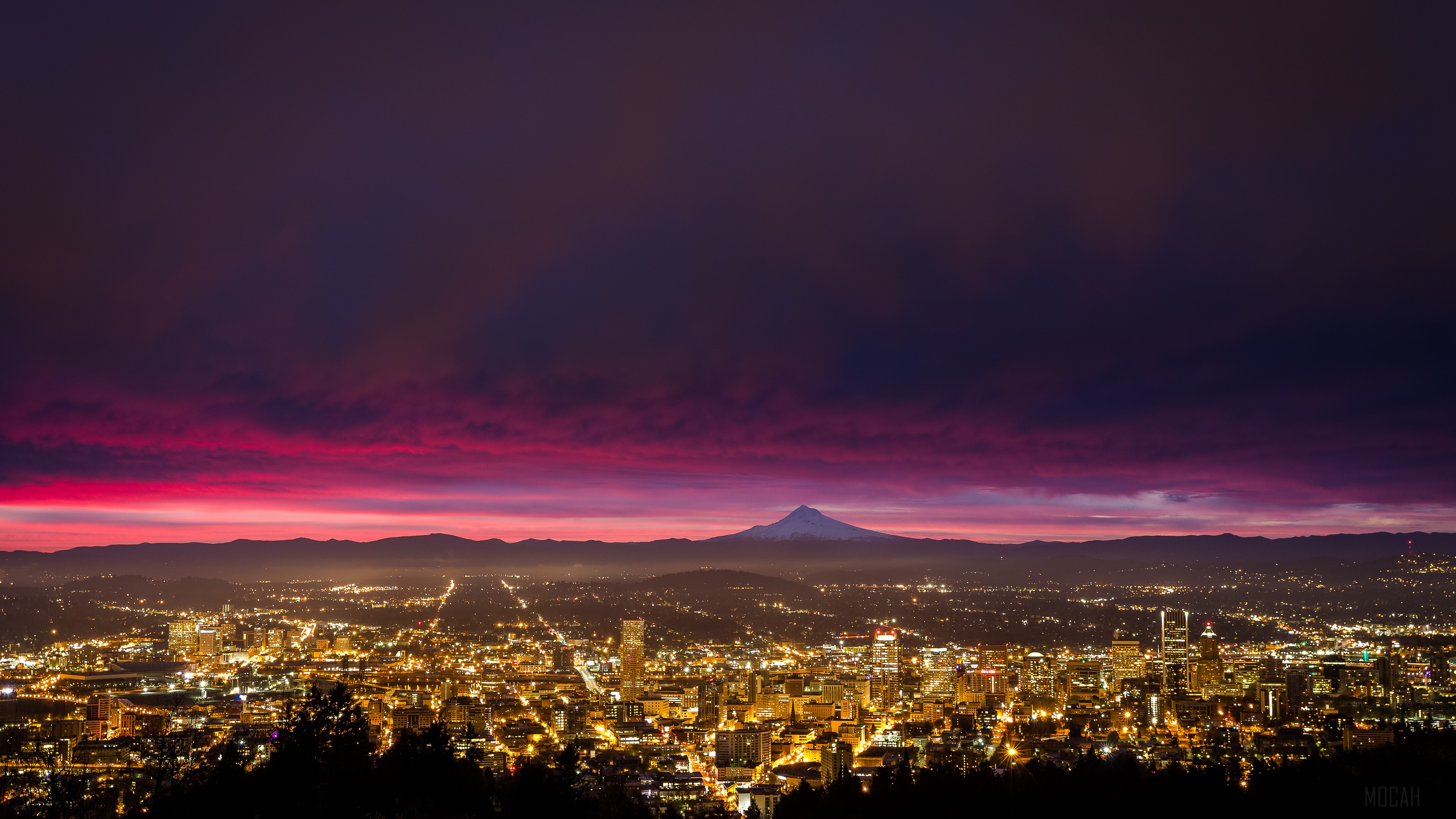 Portland Cityscape with Mount Hood at Sunrise HD Wallpaper