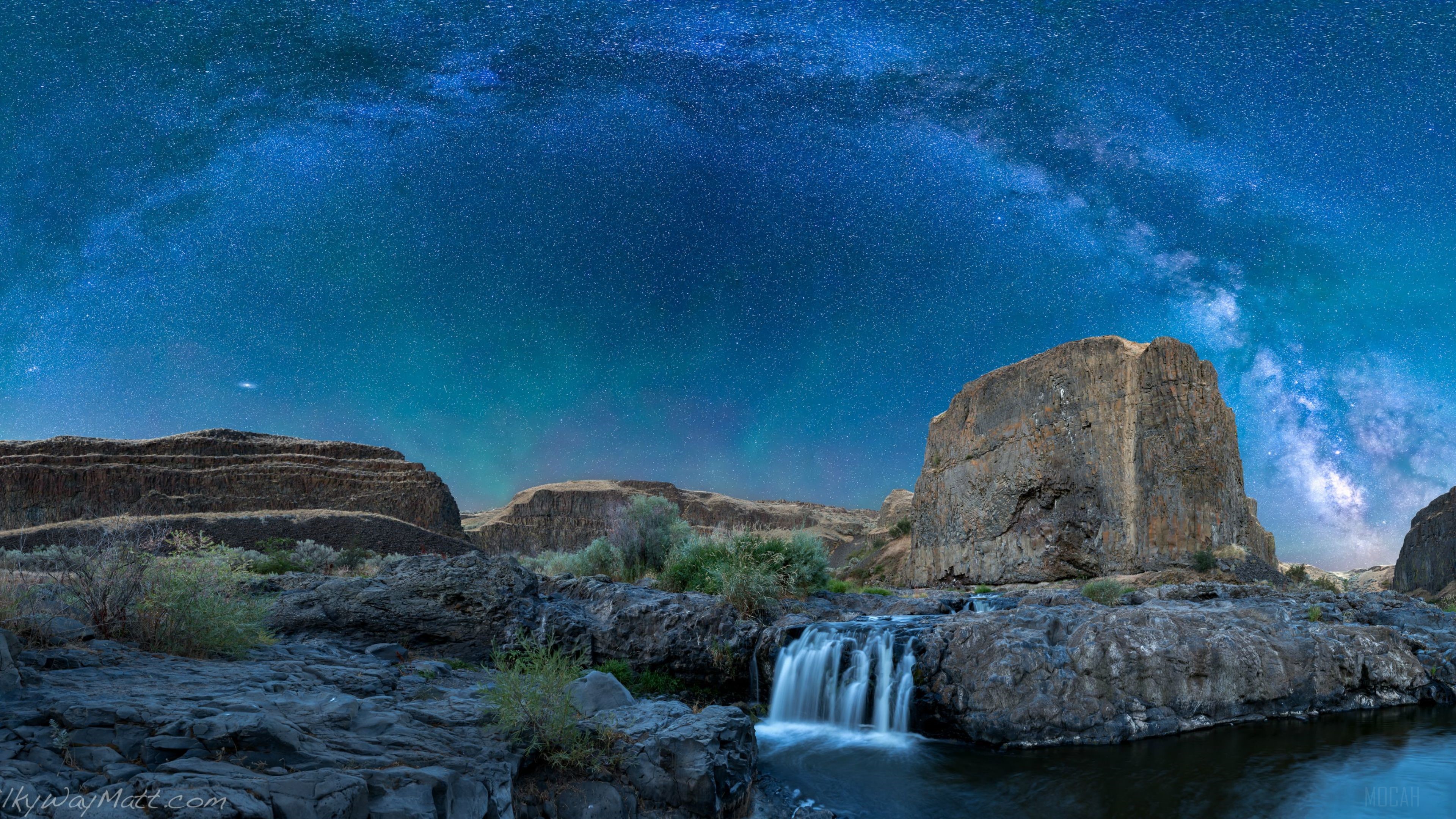 Milky Way over a Waterfall and Rocky Landscape 4K HD Wallpaper