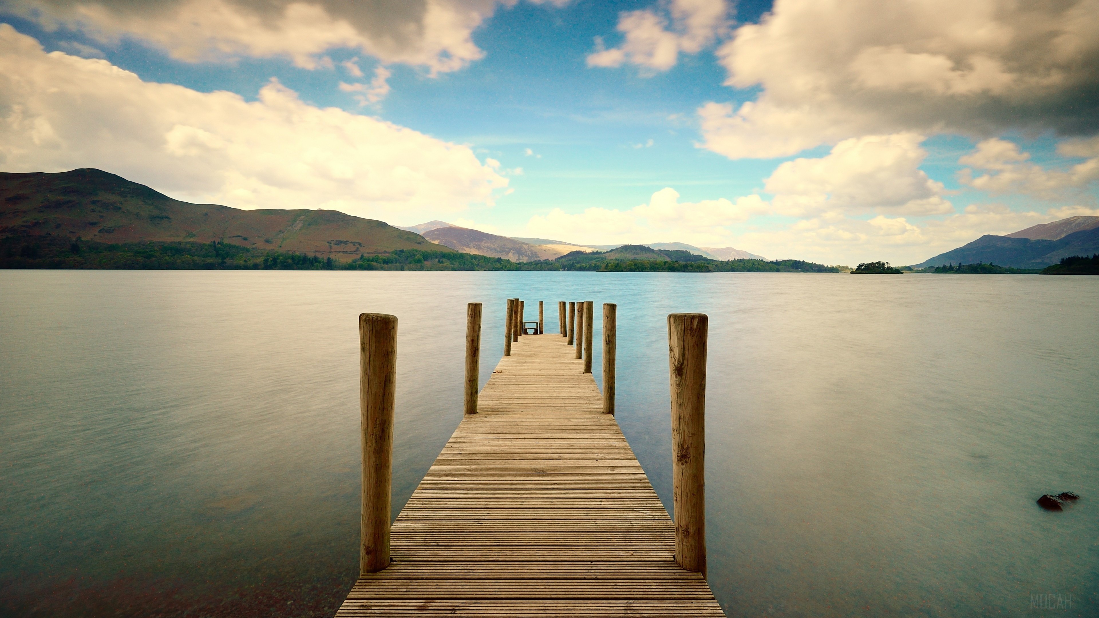 Wooden Dock on a Lake with Mountains HD Wallpaper
