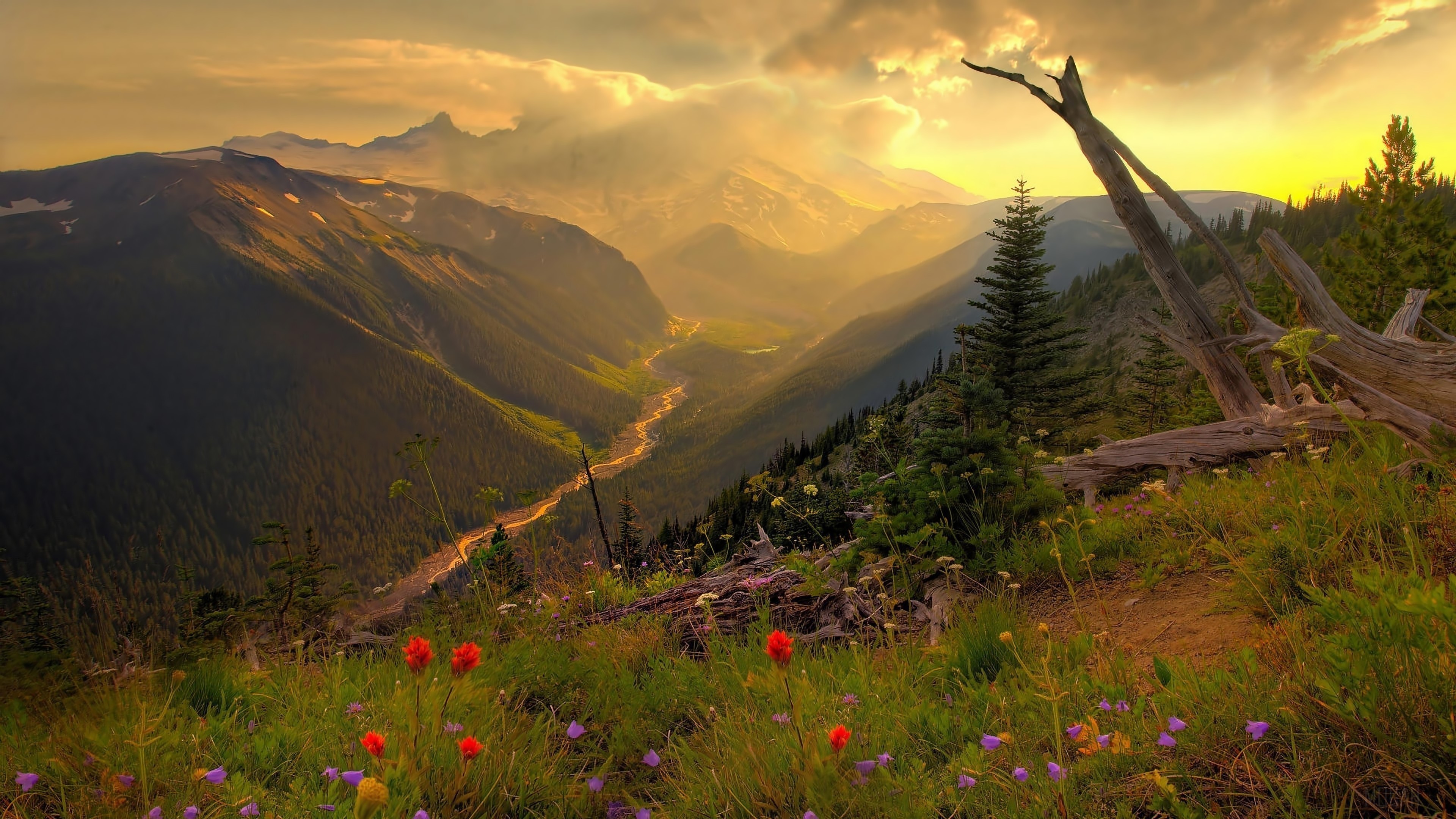 Mountain Valley River View at Sunset 4K HD Wallpaper