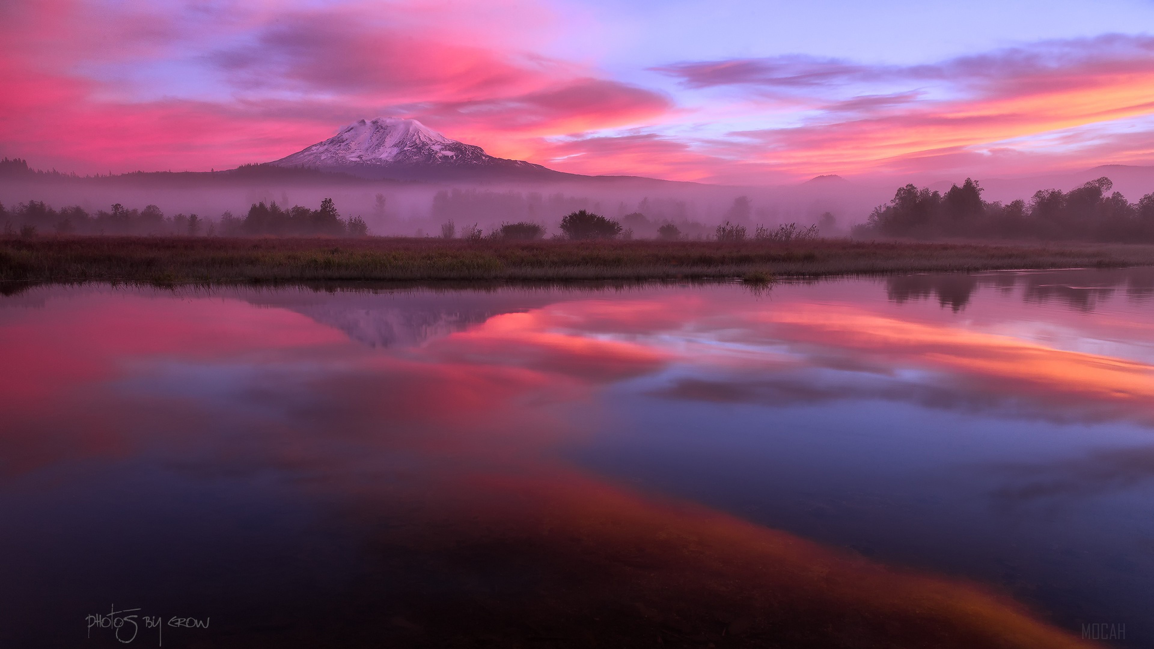 Washington Volcano at Sunrise with Lake Reflection 4K HD Wallpaper