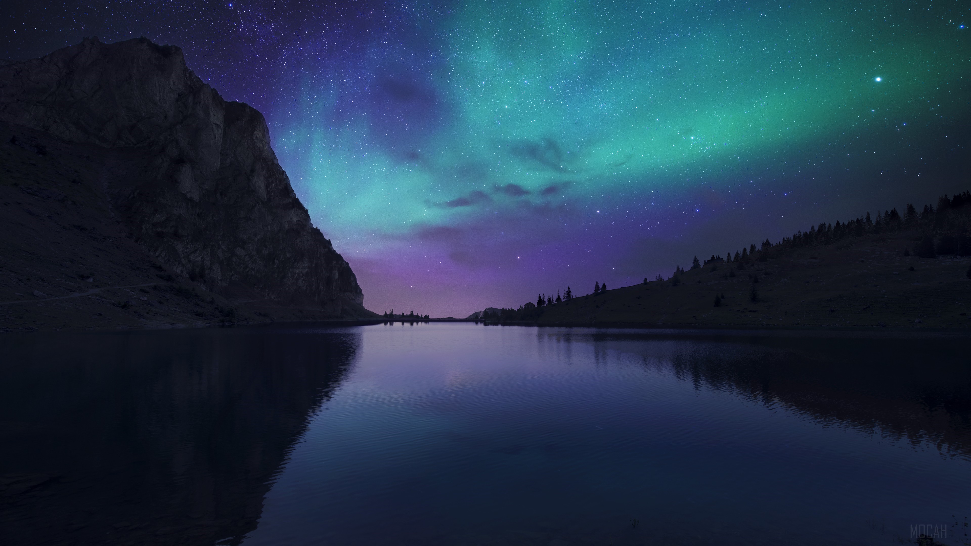 Mountain Lake Under Aurora Borealis 4K HD Wallpaper