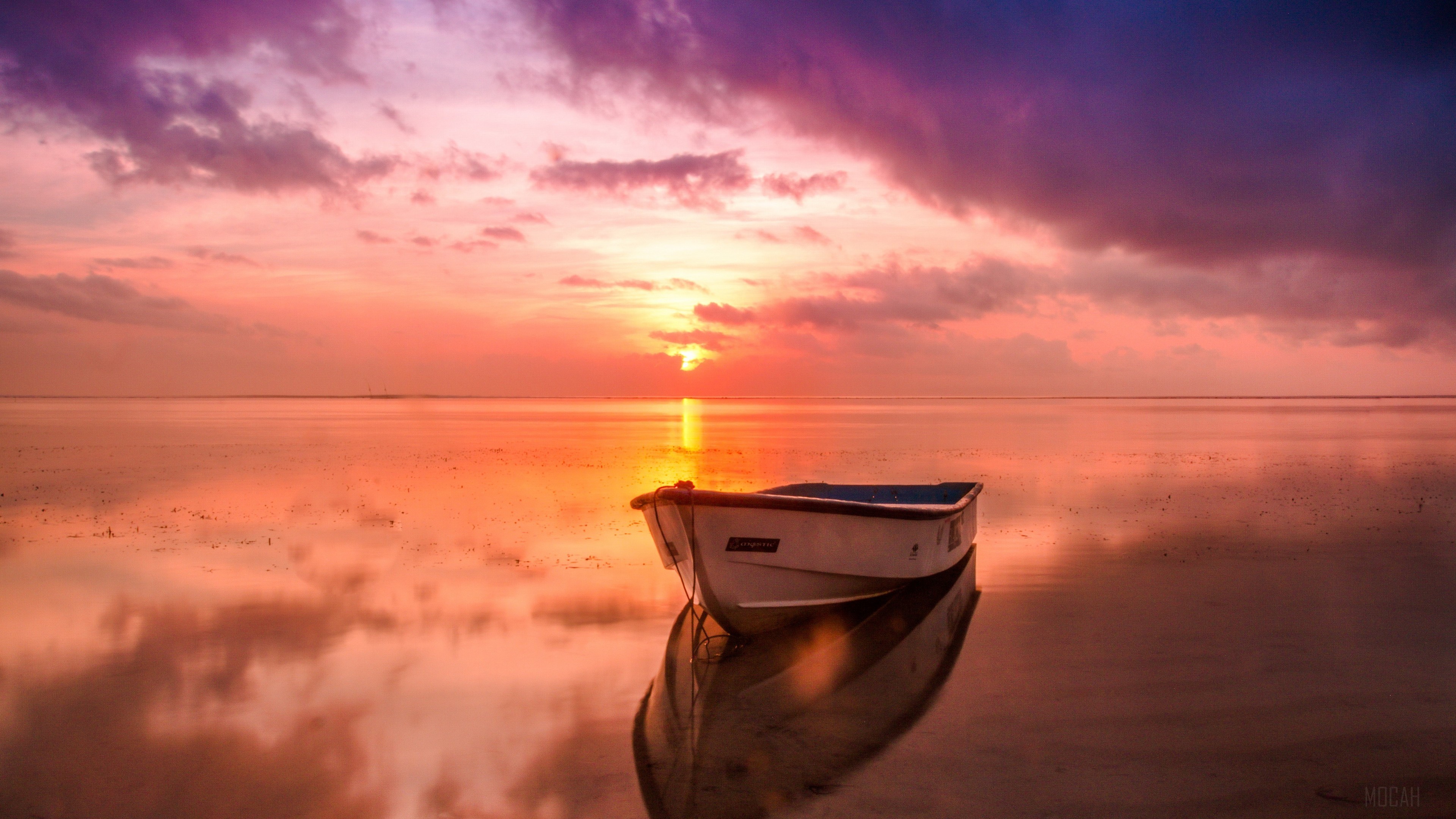 Boat on the Sea at Sunset 4K HD Wallpaper