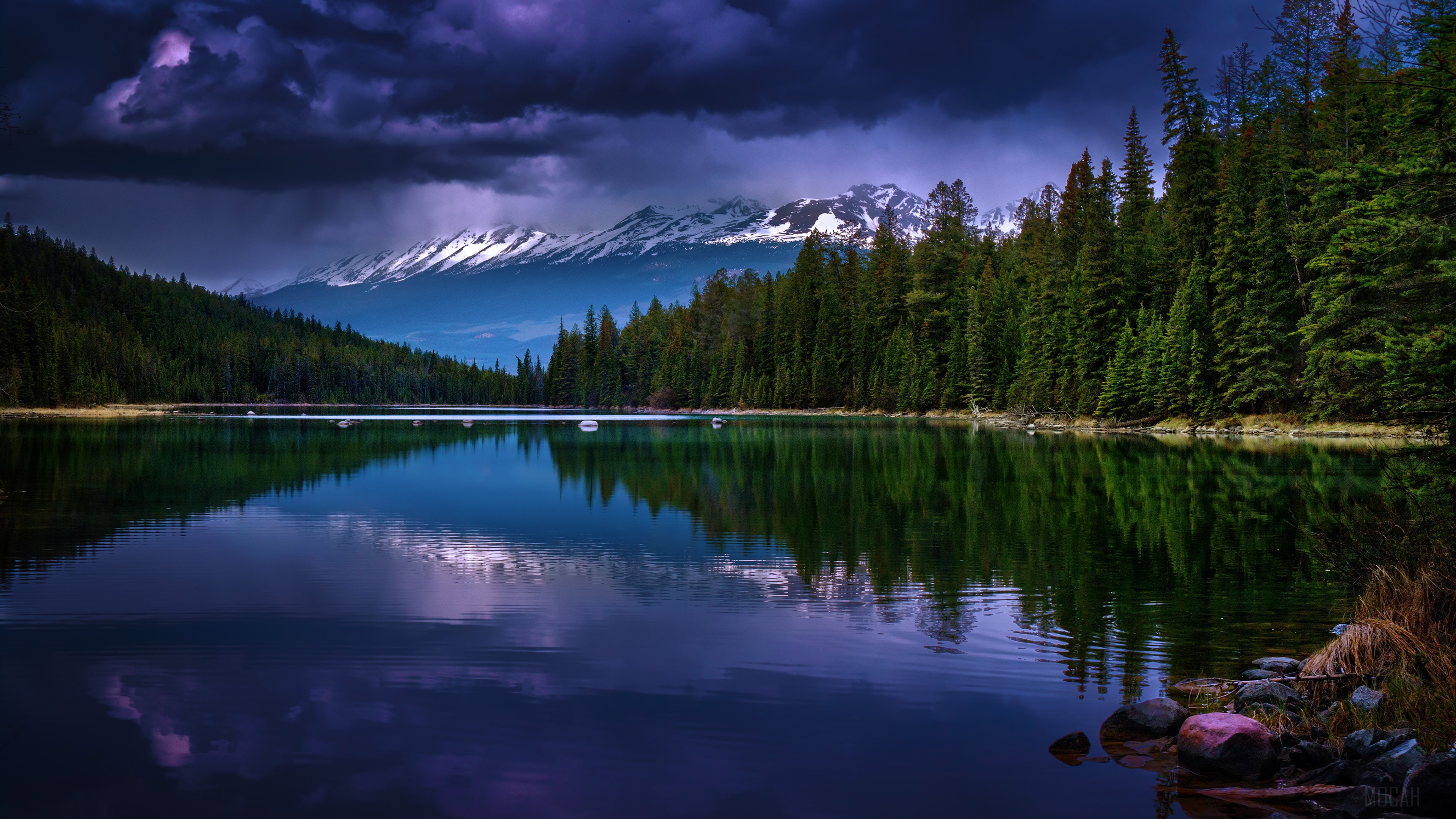 Lake with Forest and Snow-Capped Mountains HD Wallpaper