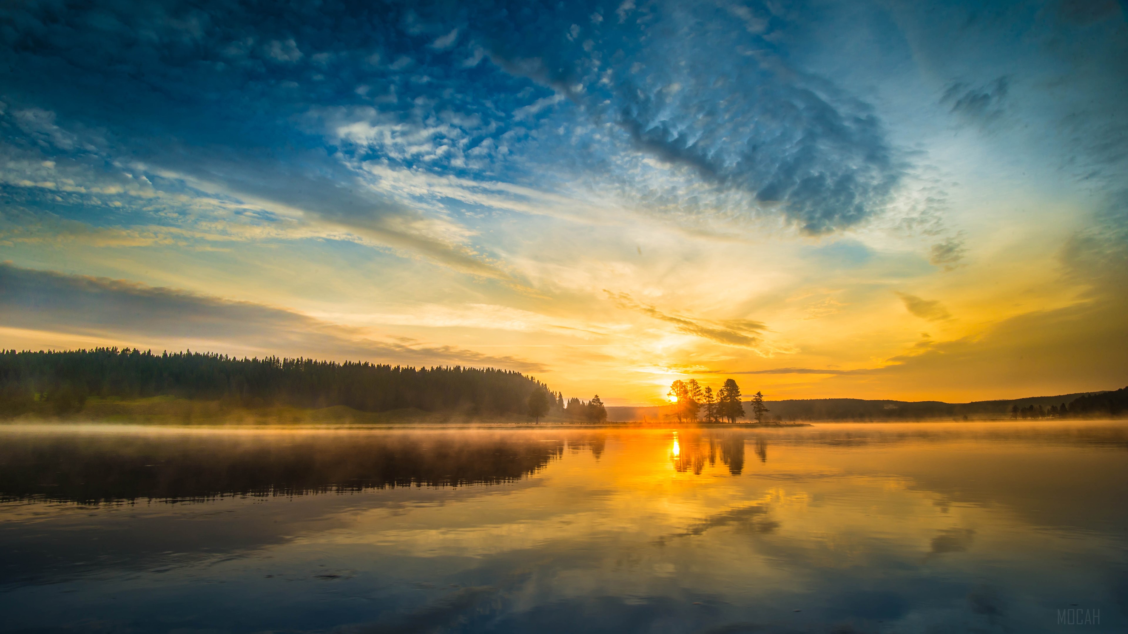 Sunrise over a misty lake with forest HD Wallpaper