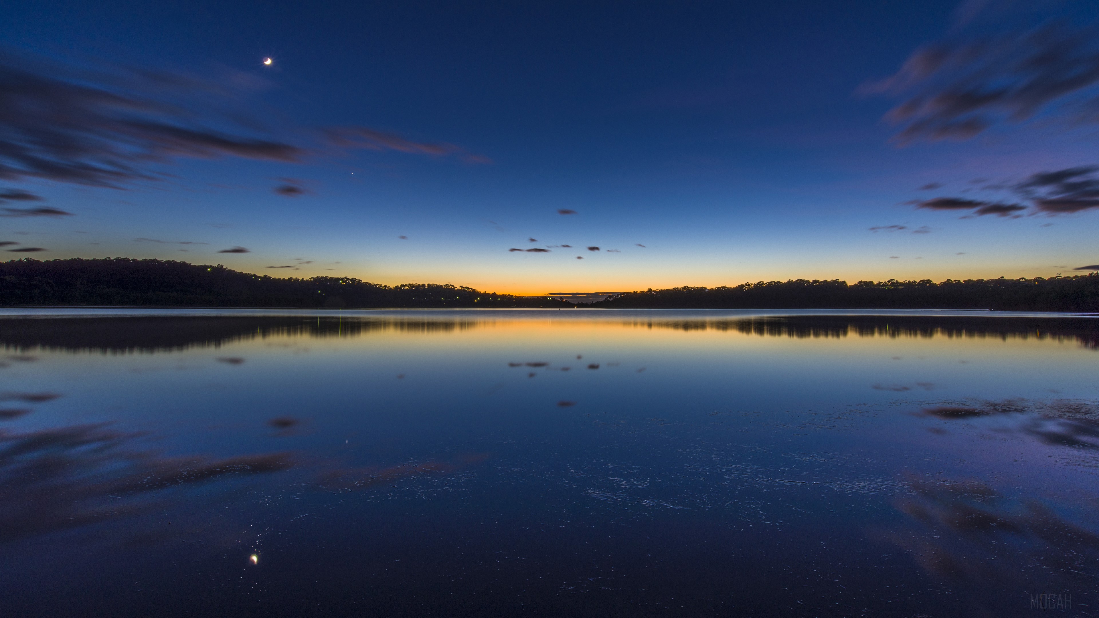 Narrabeen Lake at twilight with moon and stars HD Wallpaper