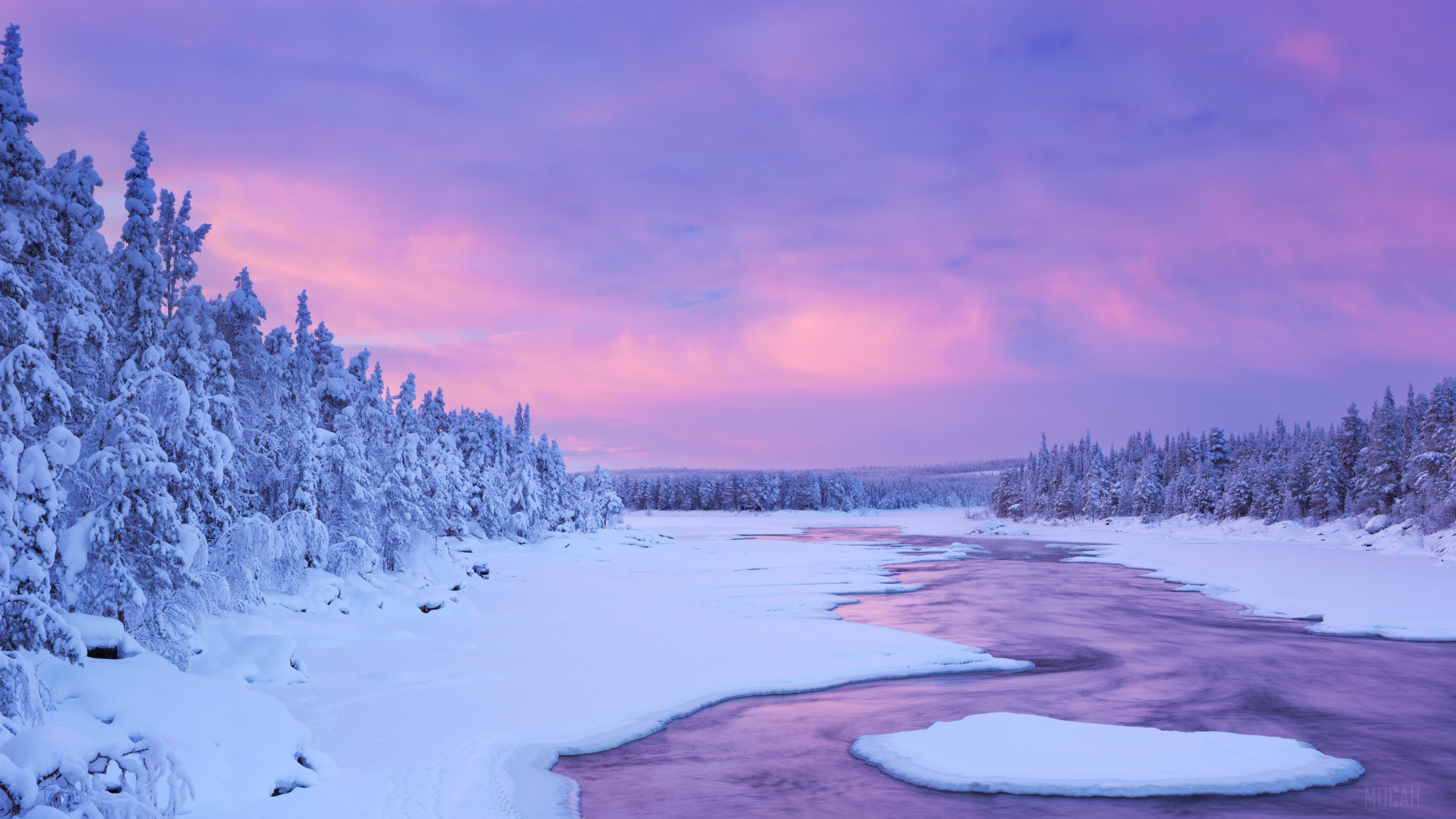 Winter river and snow-covered trees at sunset HD Wallpaper