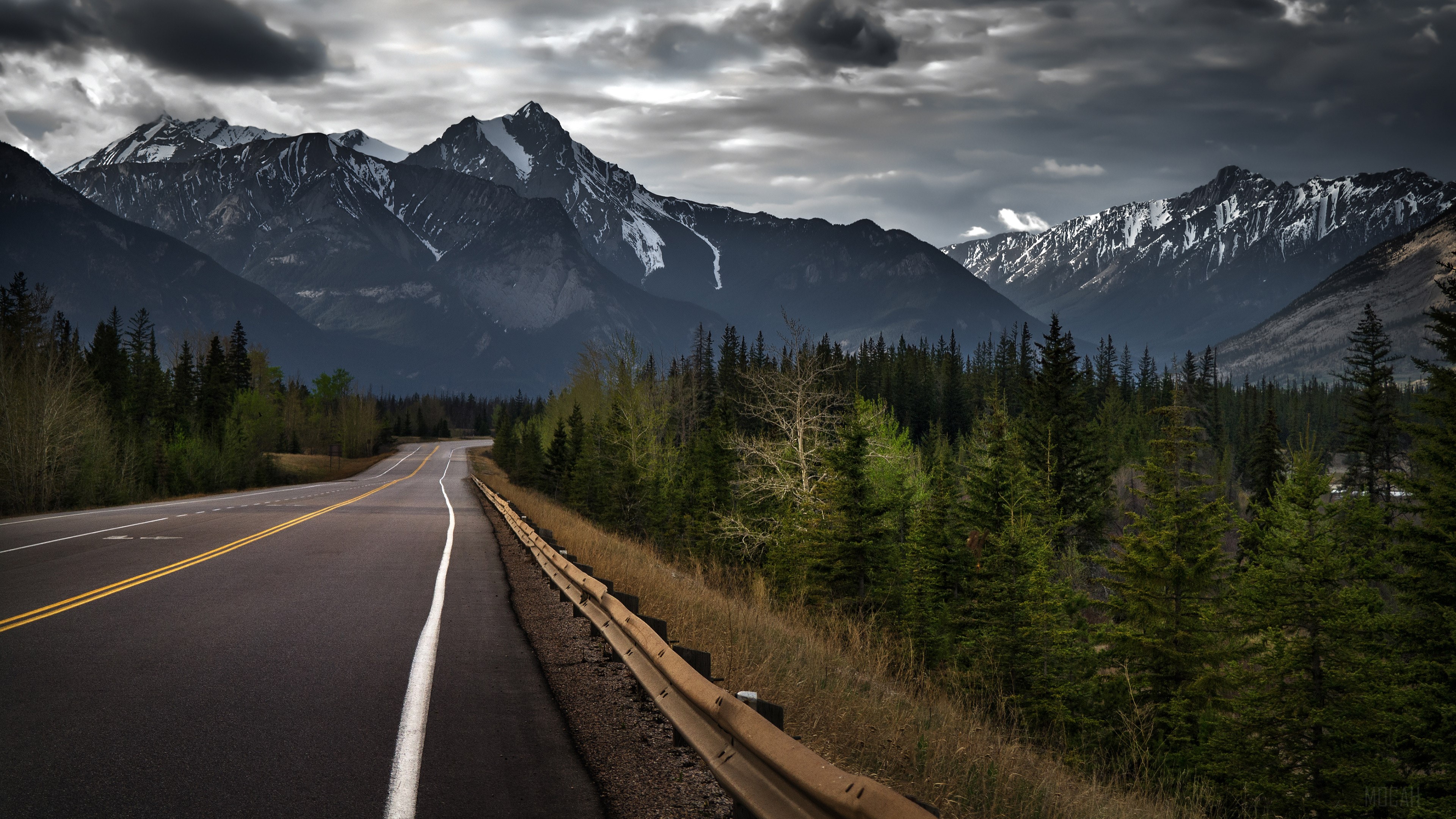 Road to snow-capped mountains HD Wallpaper