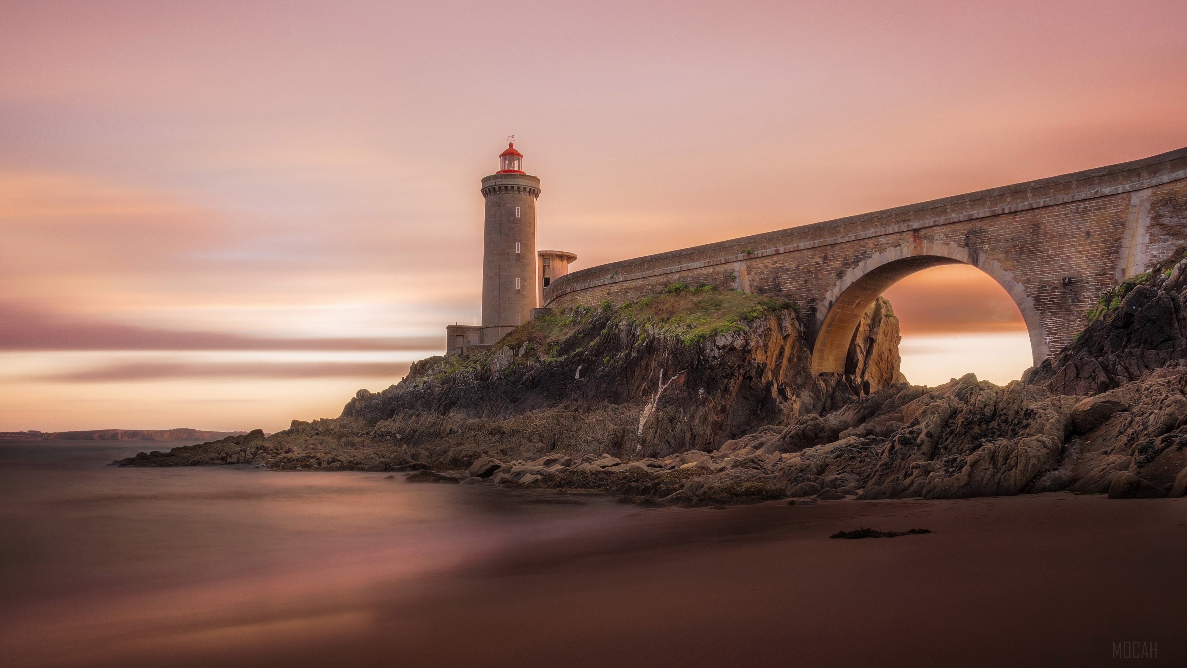 Lighthouse and bridge at sunset 4k HD Wallpaper