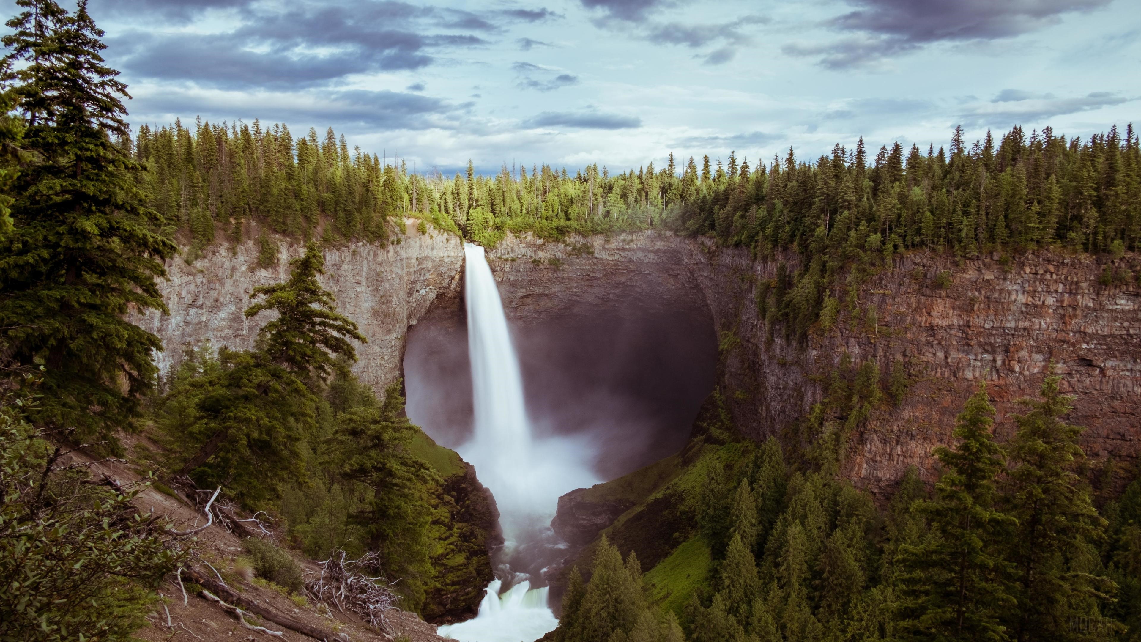 Waterfall in a forest canyon, 4K HD Wallpaper