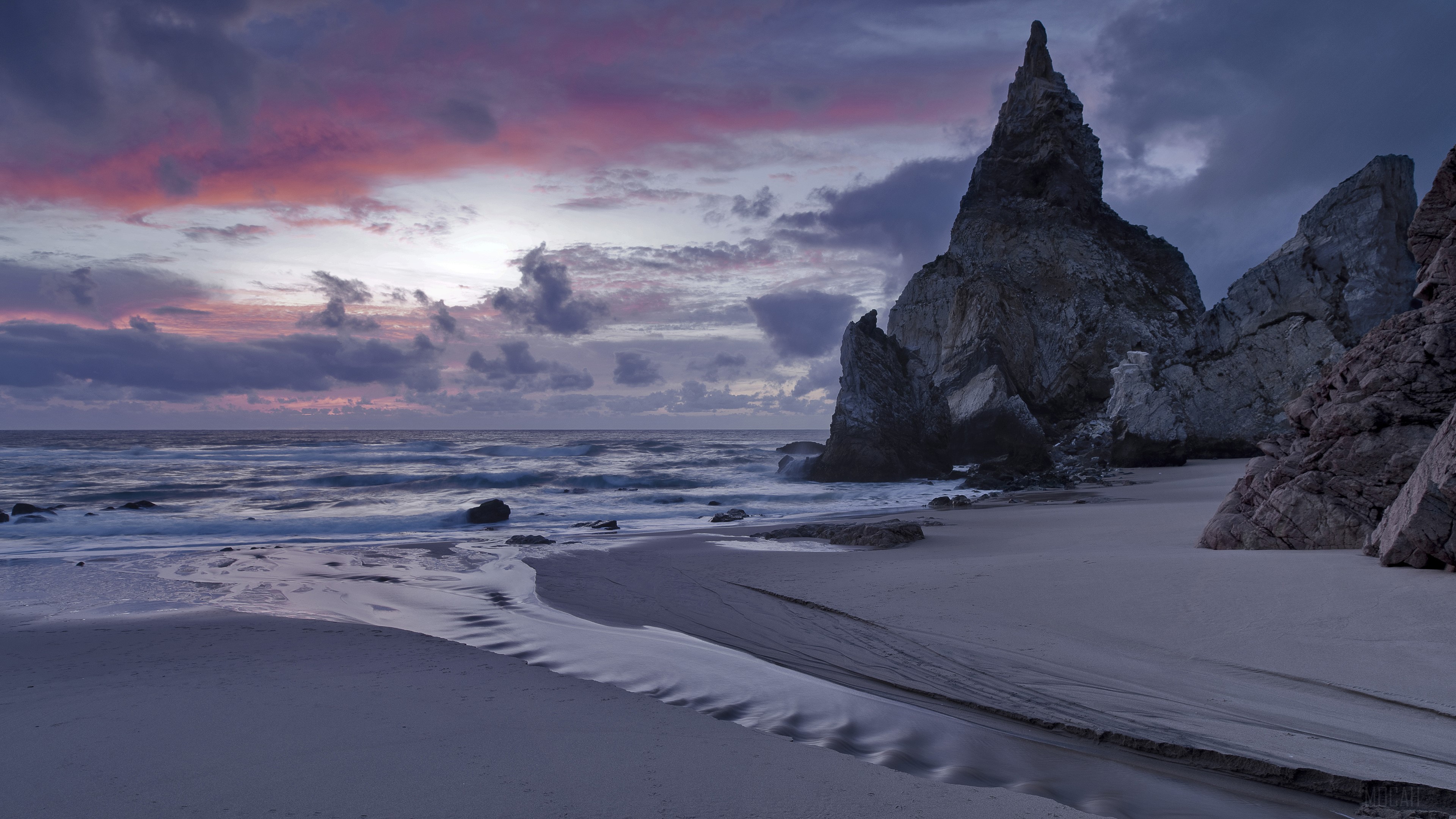 Portuguese Beach at Dusk with Rock Formations HD Wallpaper