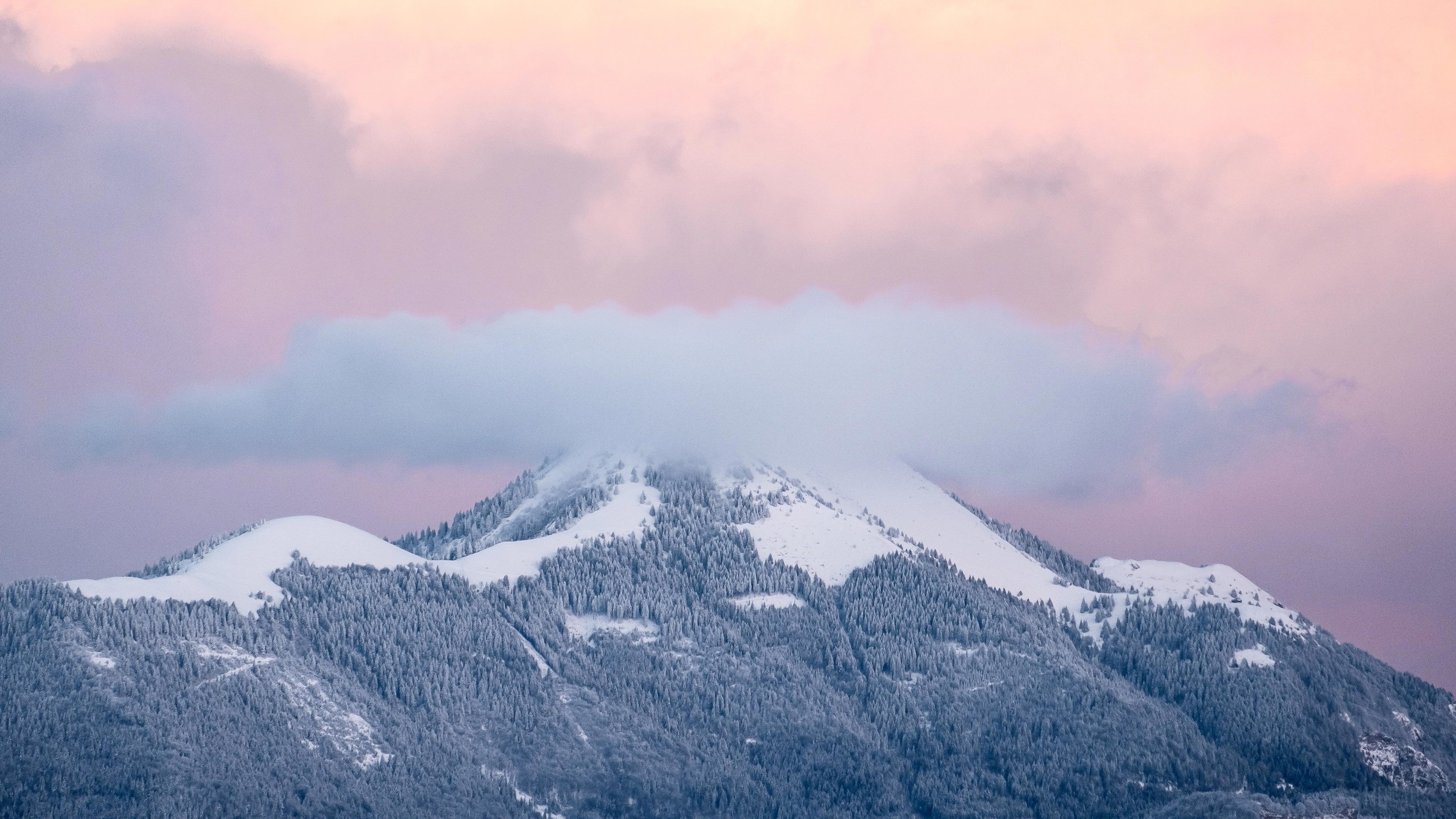 Snowy Mountains with Pink Clouds 4K HD Wallpaper