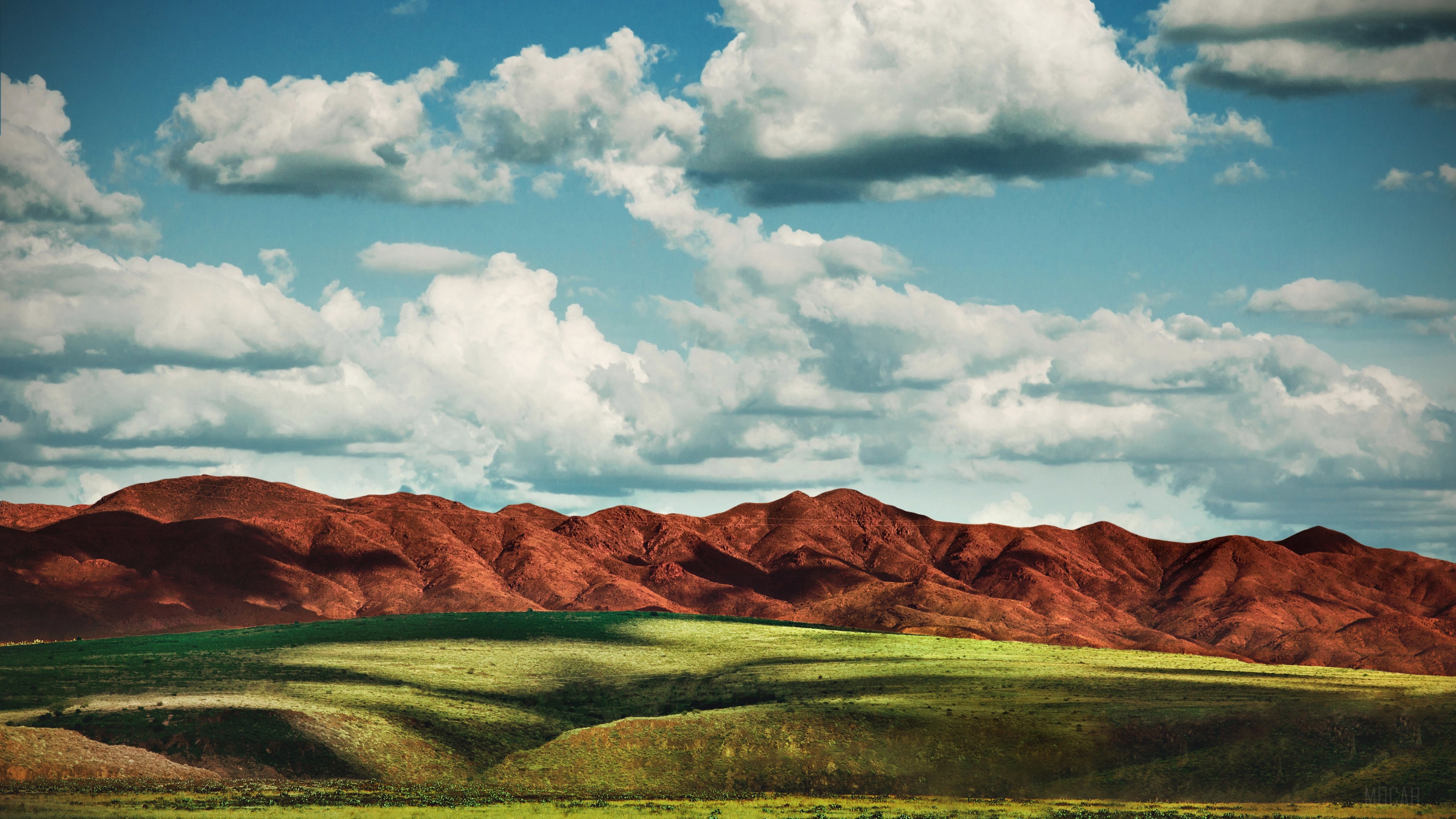 Red Mountains and Green Fields Landscape 4K HD Wallpaper