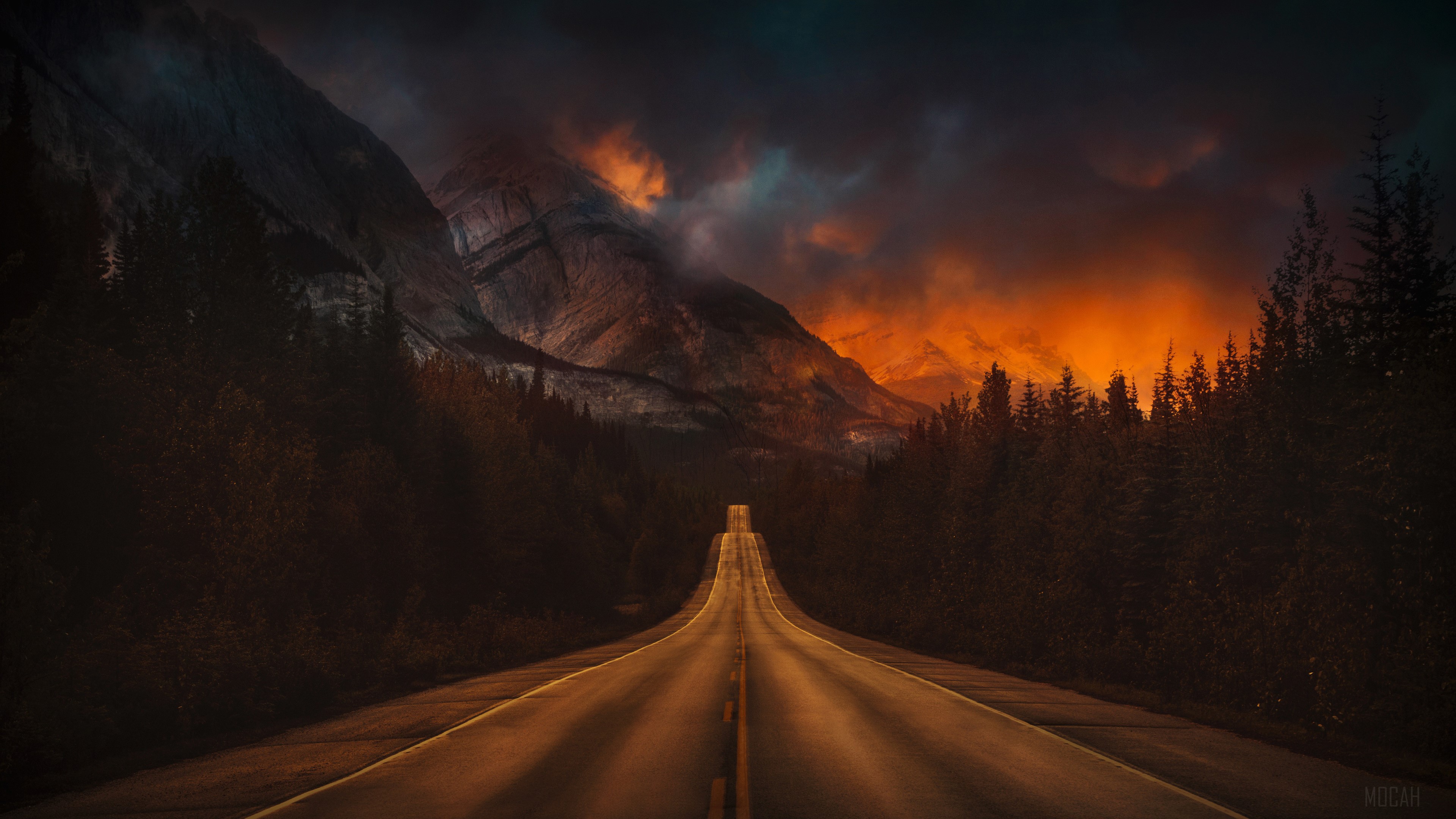Road through mountains at sunset 4K HD Wallpaper