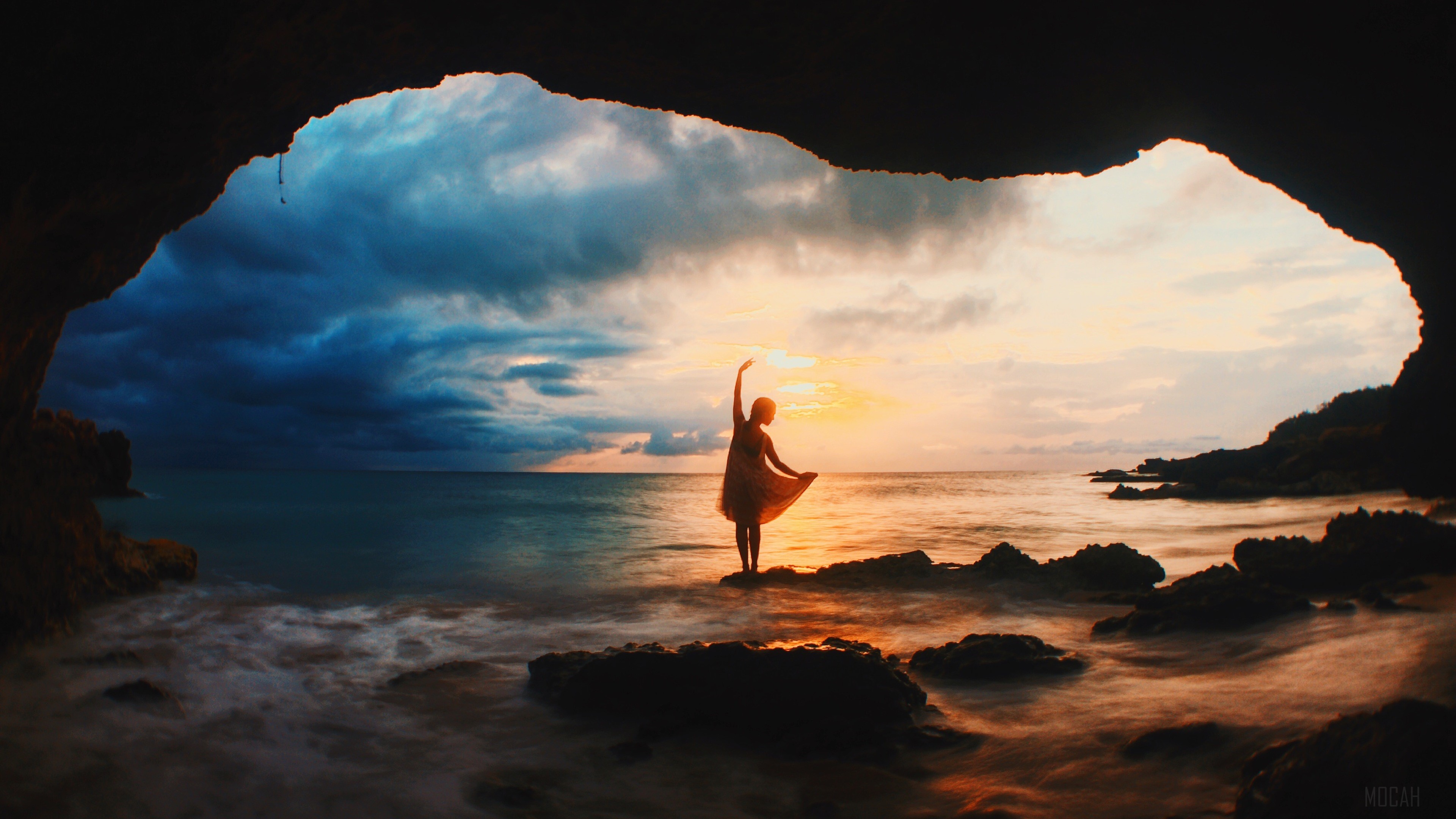 Girl dancing in a cave at sunset 4K HD Wallpaper