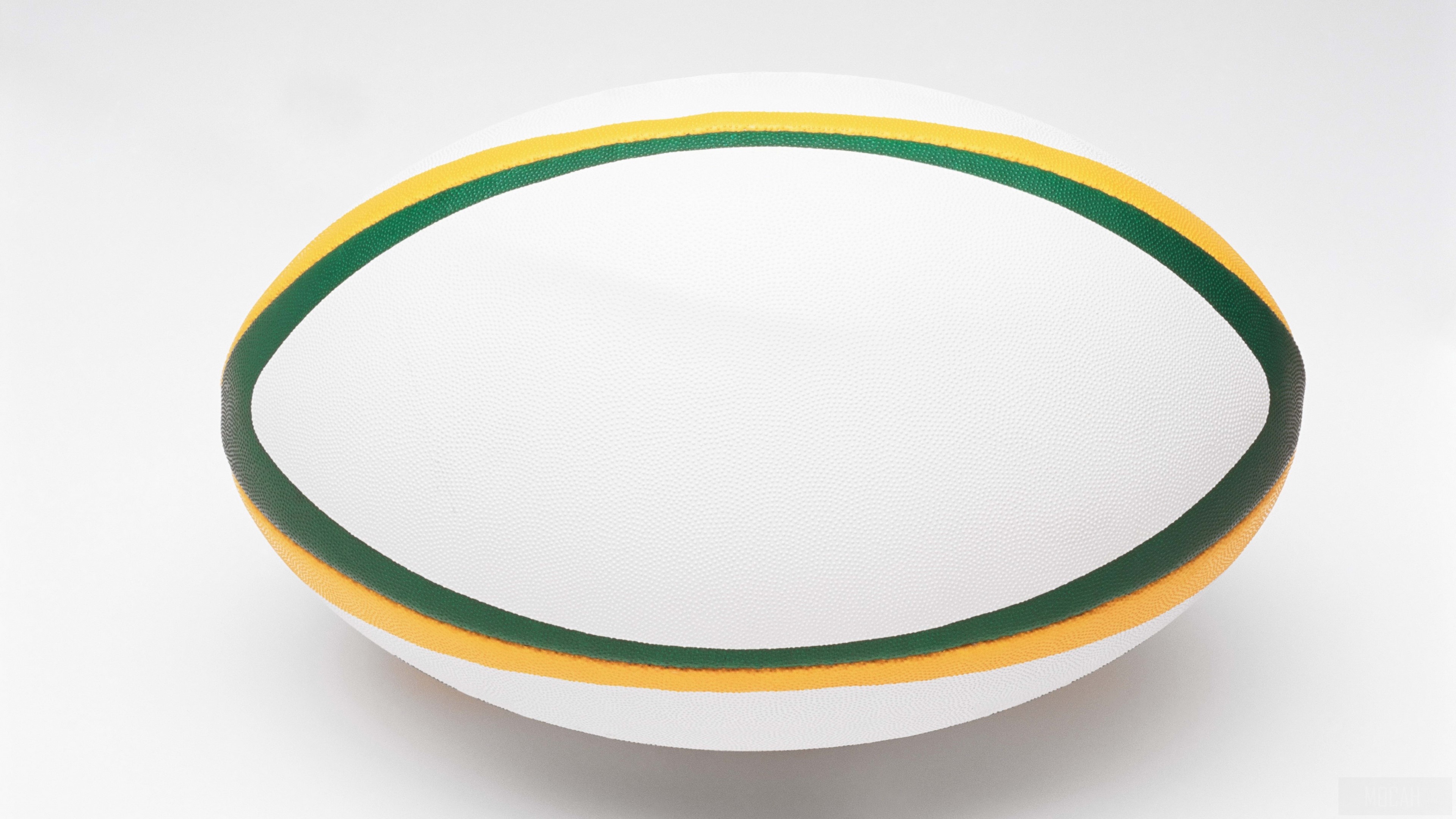 White rugby ball with green and yellow stripes 4K HD Wallpaper