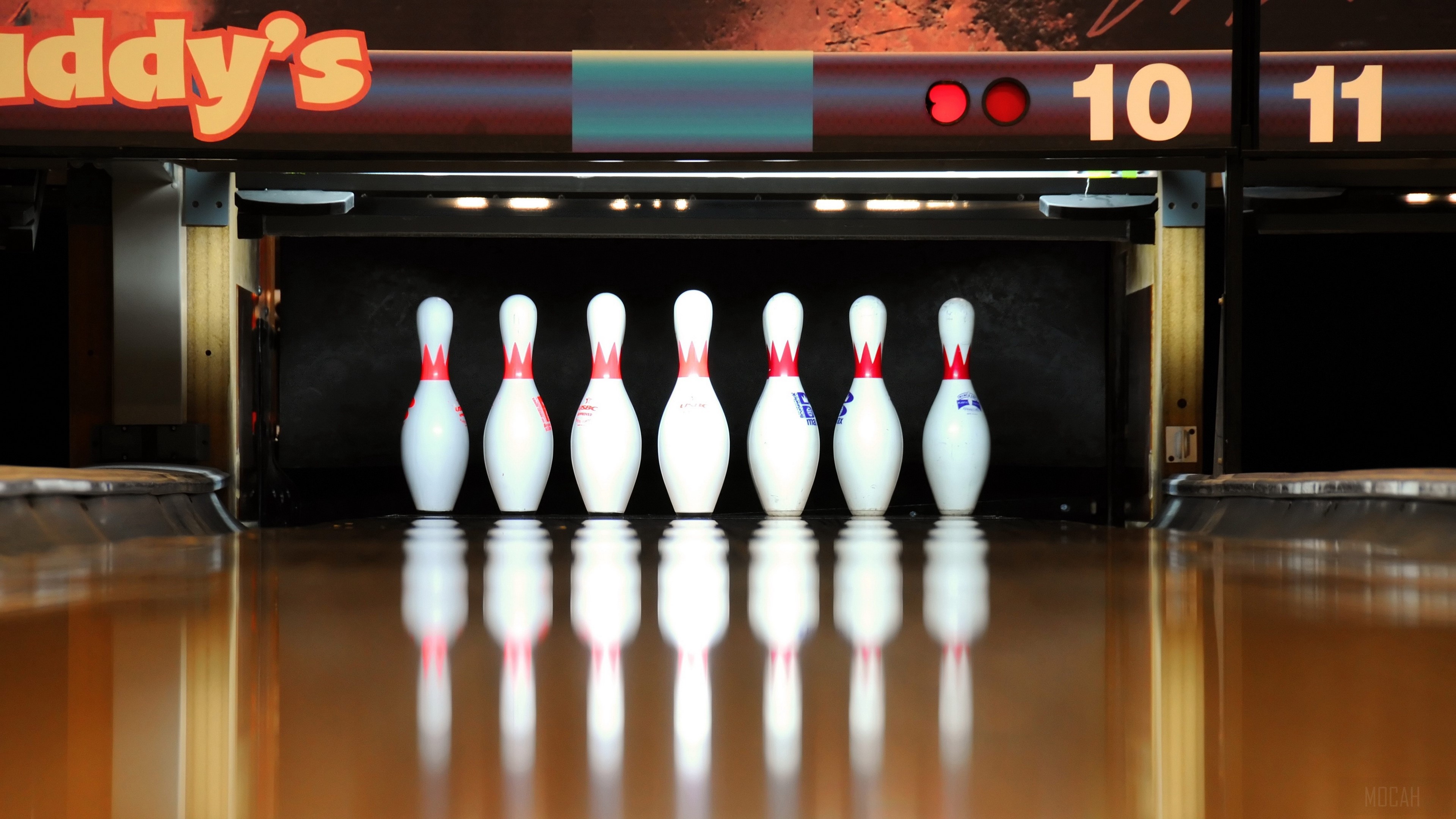 Buddy's Bowling Alley with Pins and Scoreboard HD Wallpaper