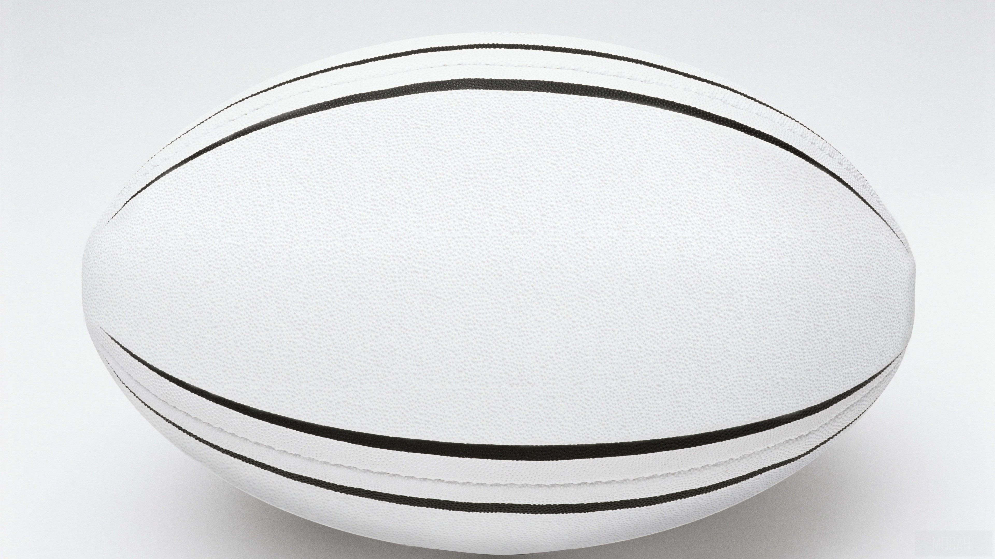 White rugby ball with black lines on white background 4K HD Wallpaper