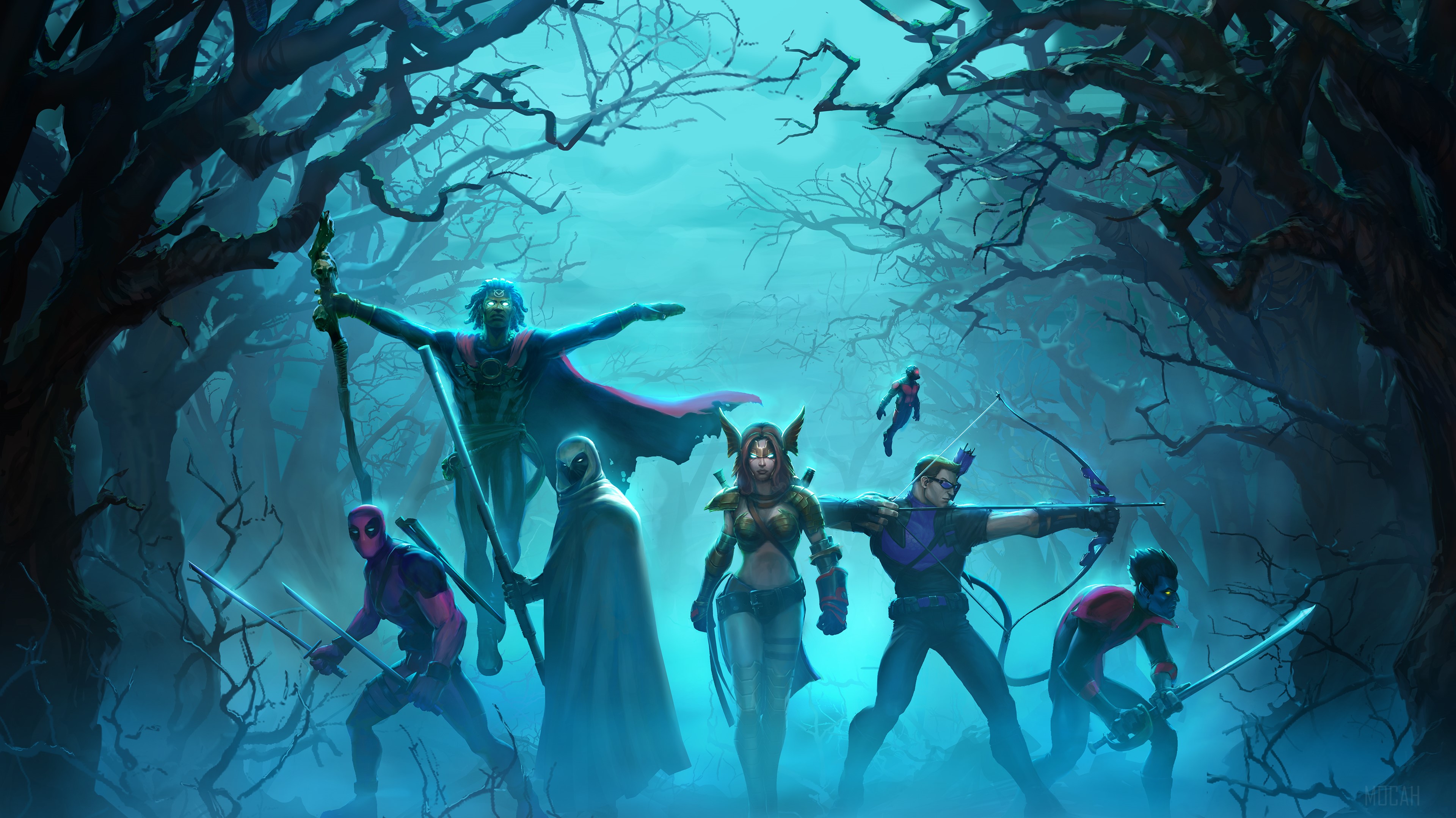 Marvel Heroes in a Dark Forest 4K HD Wallpaper