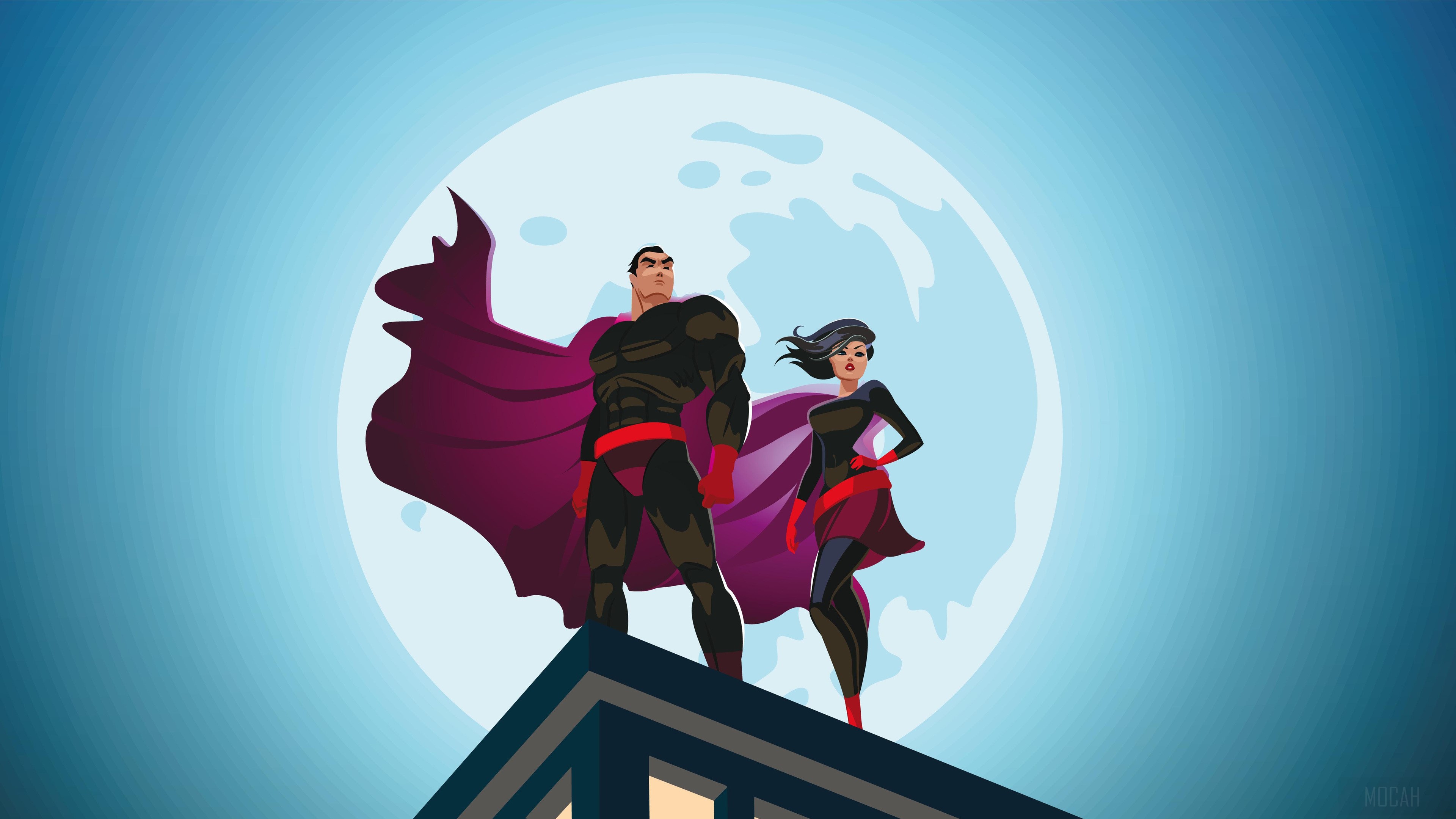 Superhero Couple Standing on Rooftop with Moon HD Wallpaper