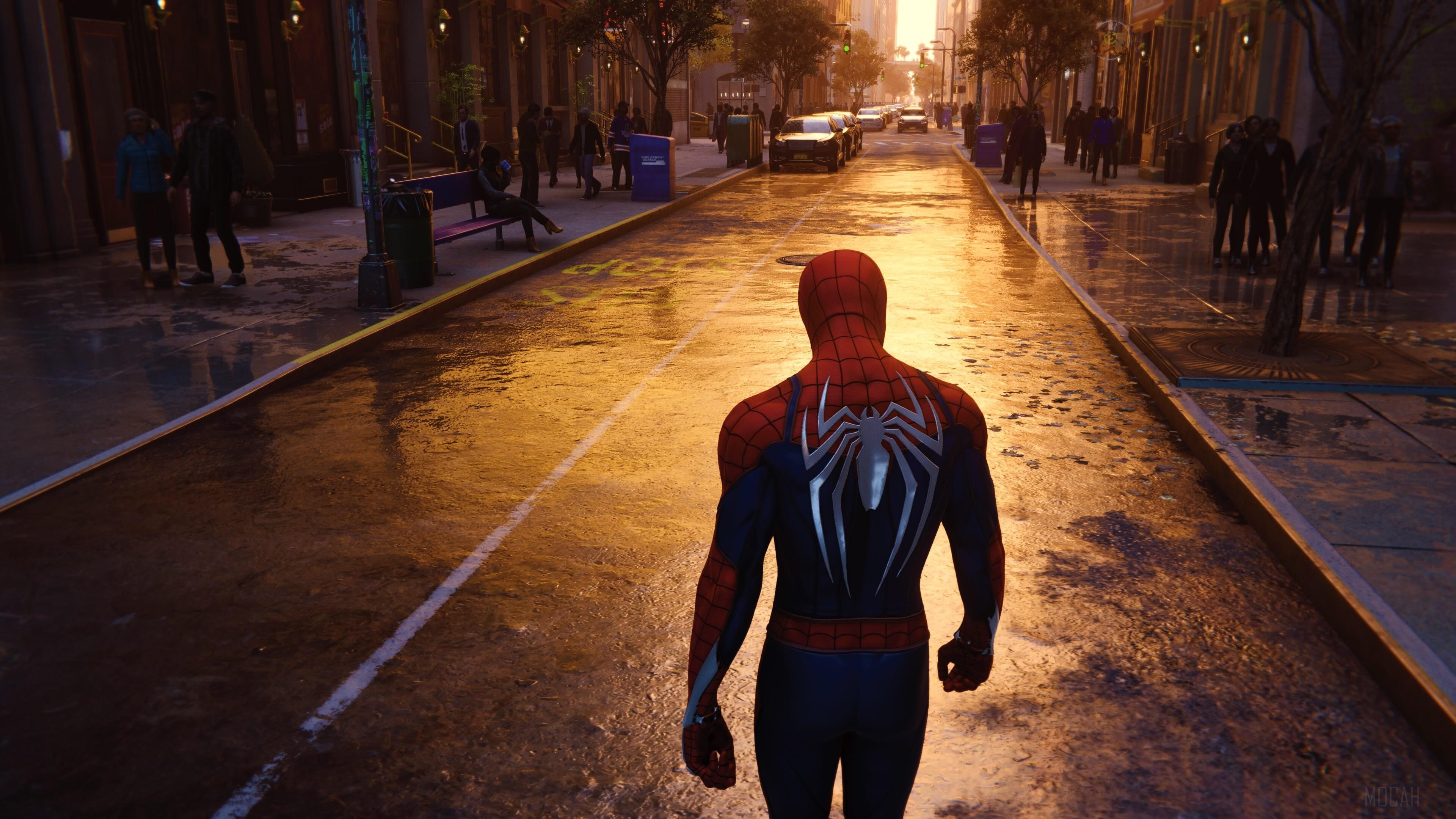 Spider-Man walking on wet NYC streets 4K HD Wallpaper