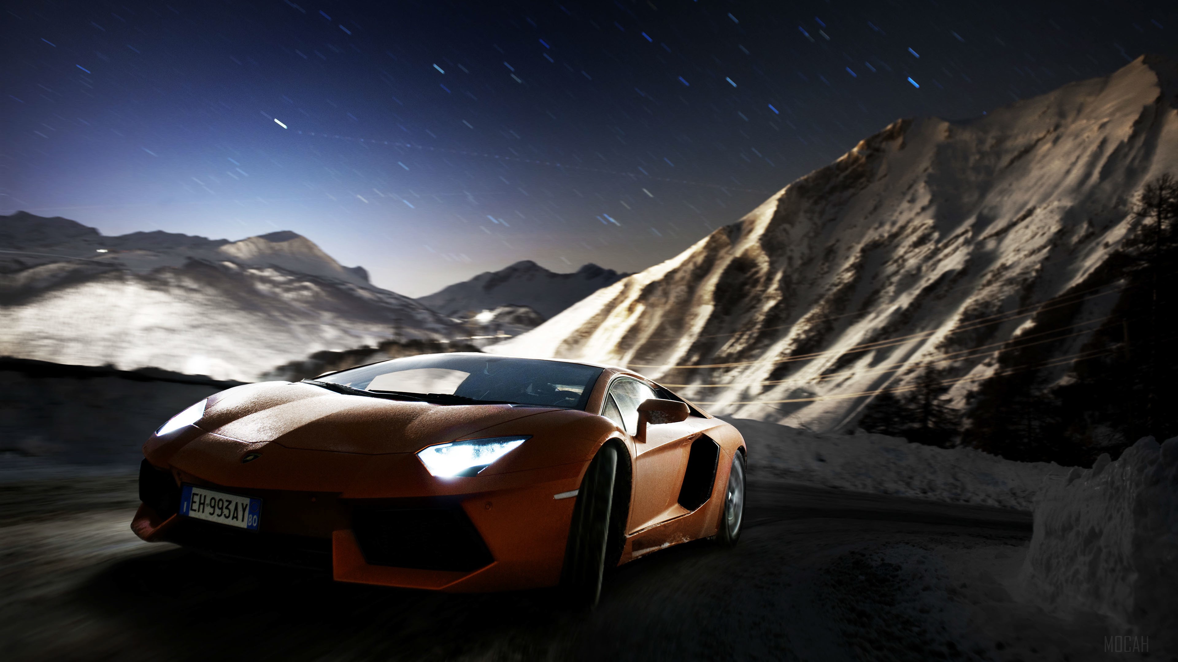 Orange Lamborghini Aventador LP700 4 on snowy mountain road at night HD Wallpaper