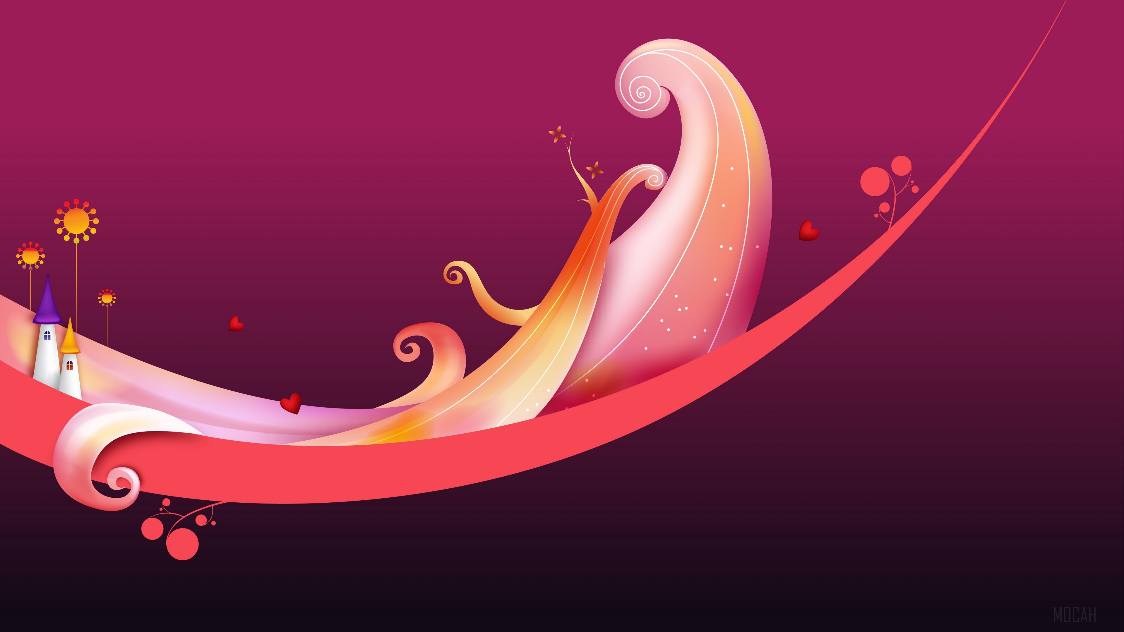 Abstract pink and orange swirls with castles and flowers 4K HD Wallpaper
