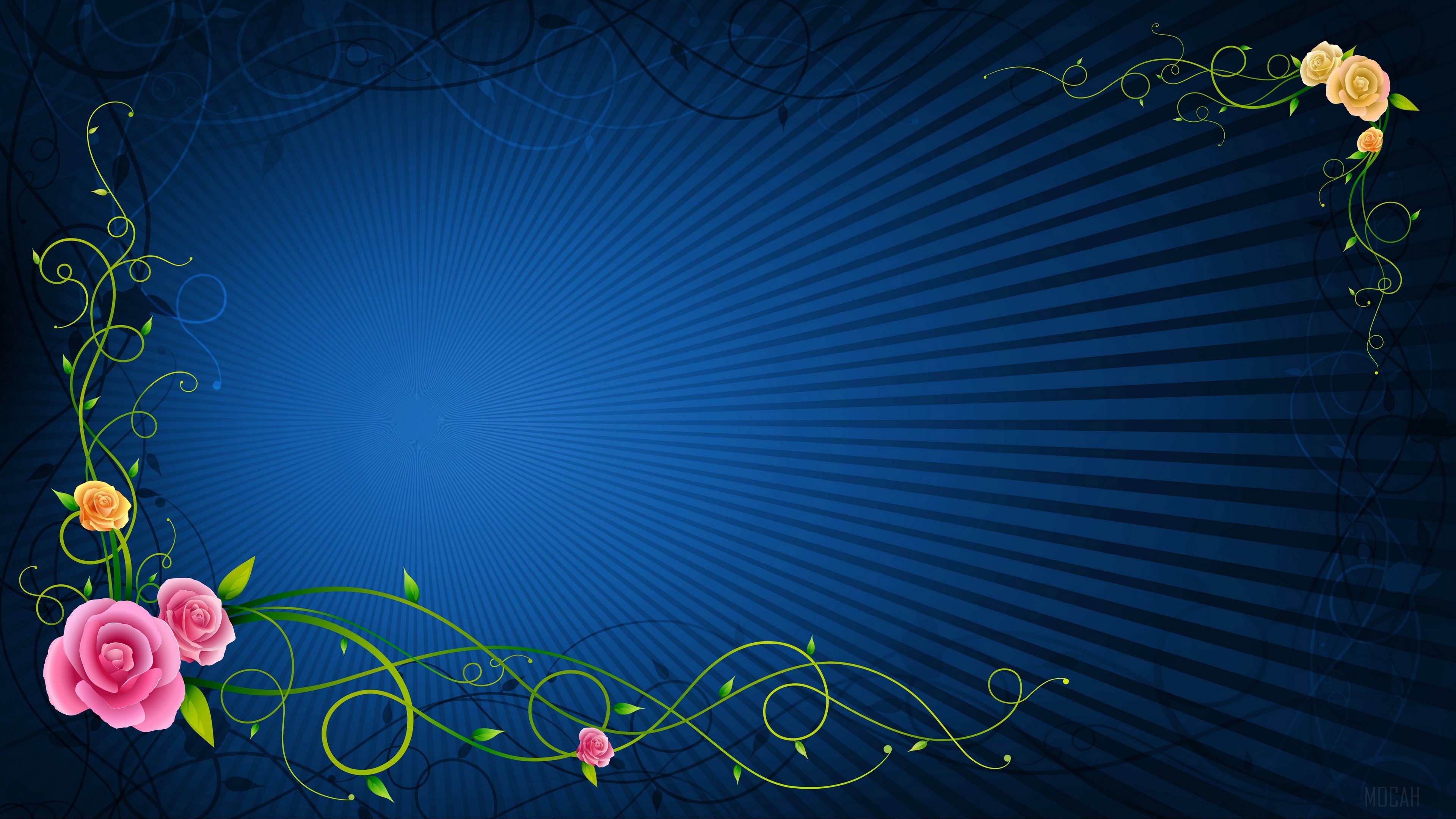 Blue radial lines background with floral vine patterns HD Wallpaper