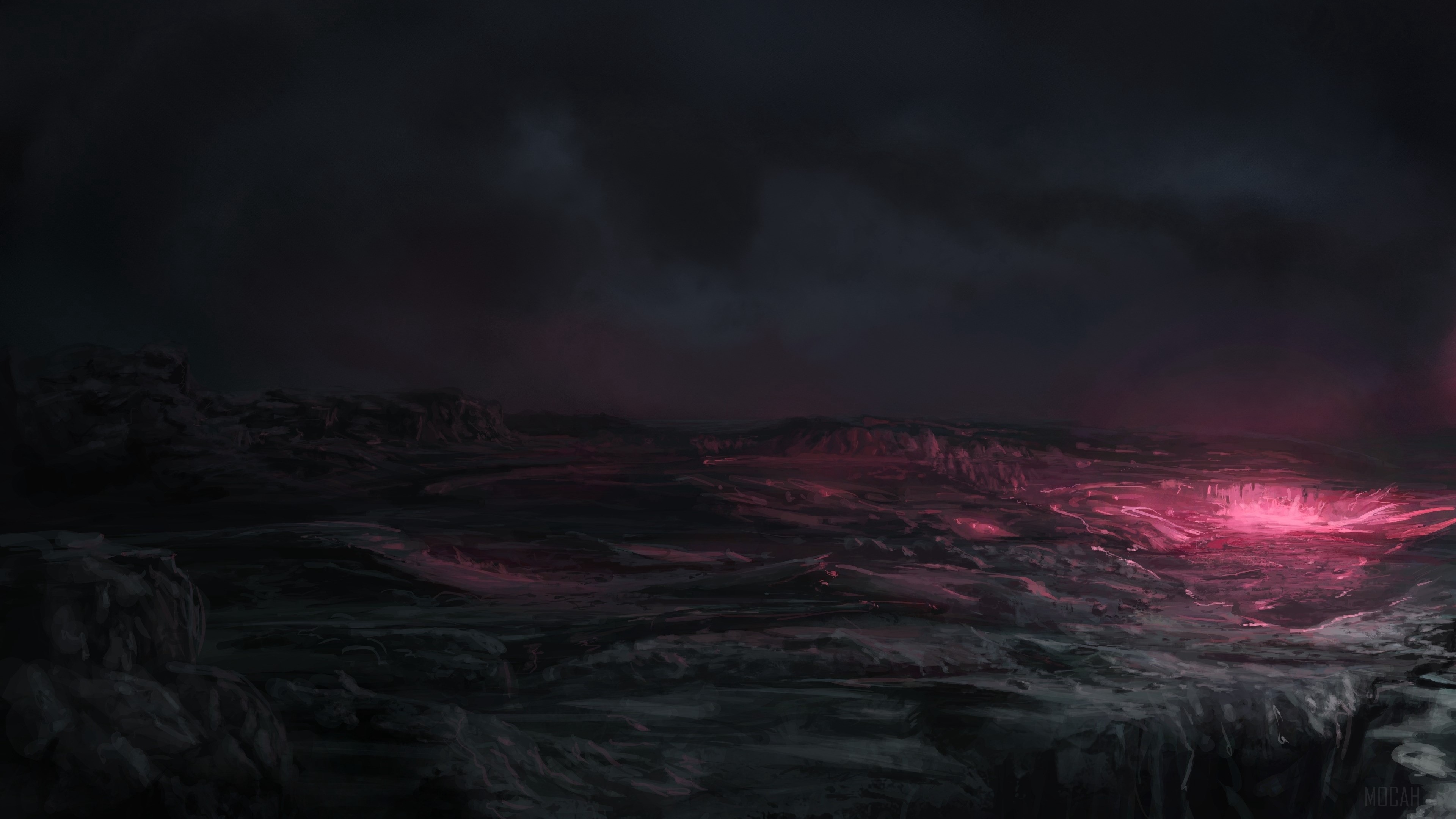 Alien planet surface with glowing pink craters 4K HD Wallpaper